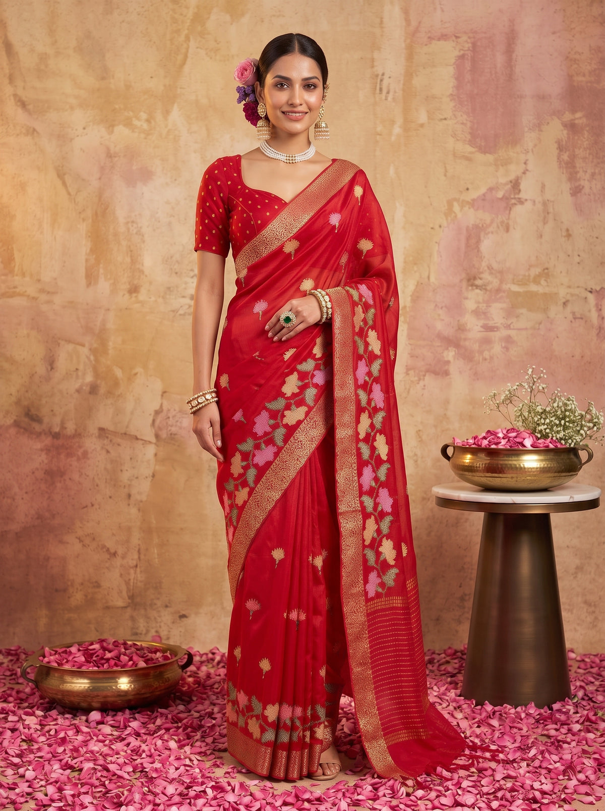 MIMOSA Red Jaipur Saree — pose 9 styling detail