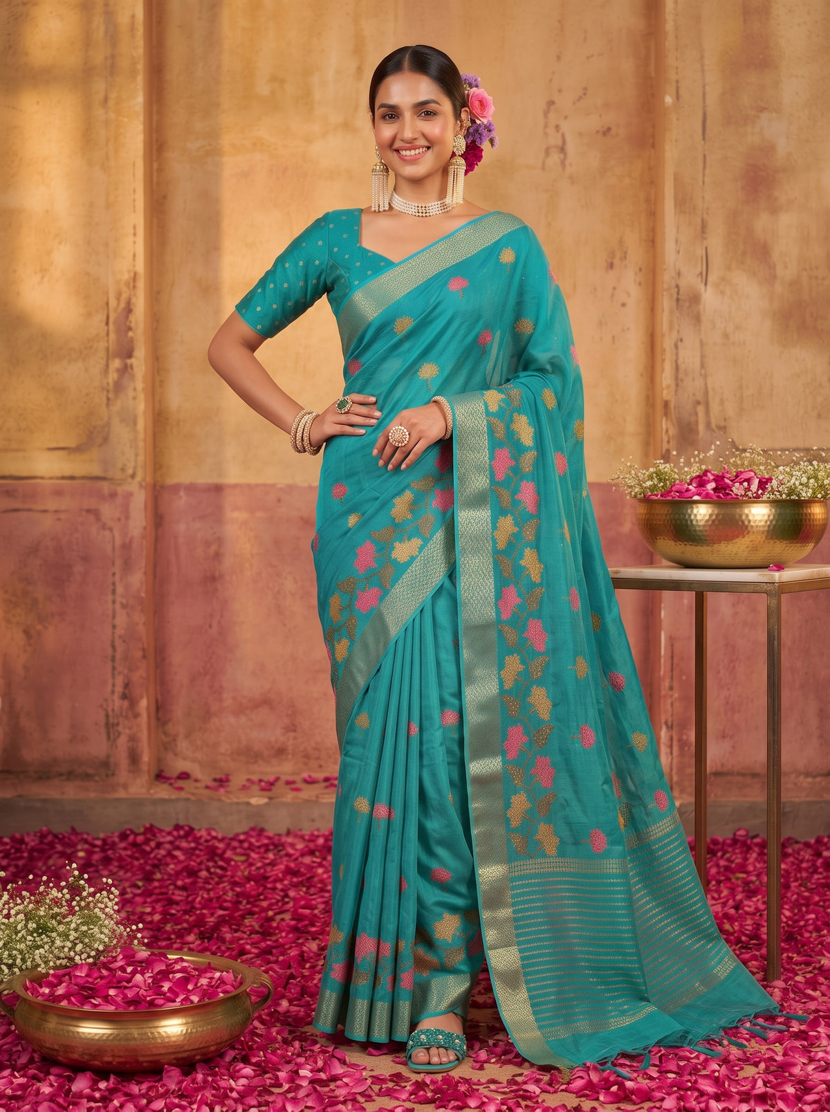 MIMOSA Rama Jaipur Pure Viscose Chiffon Saree — model lower body