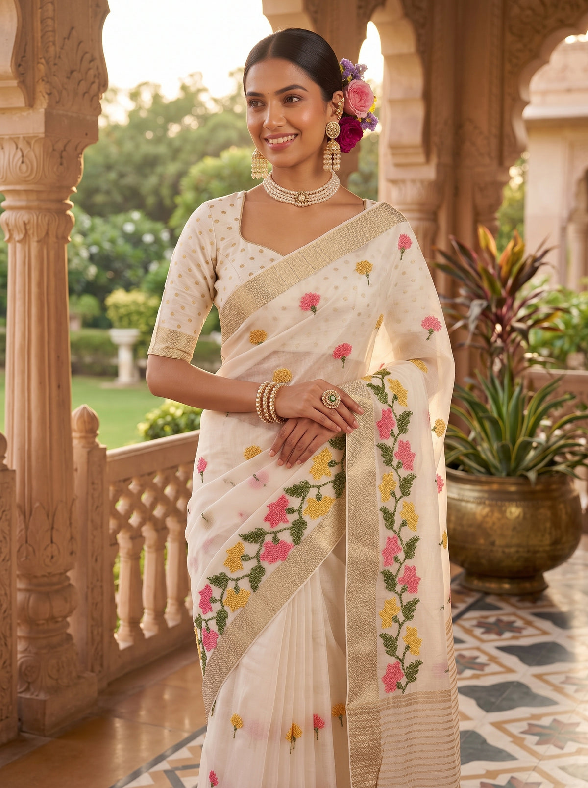 MIMOSA White Jaipur Saree — pose 10 styling detail