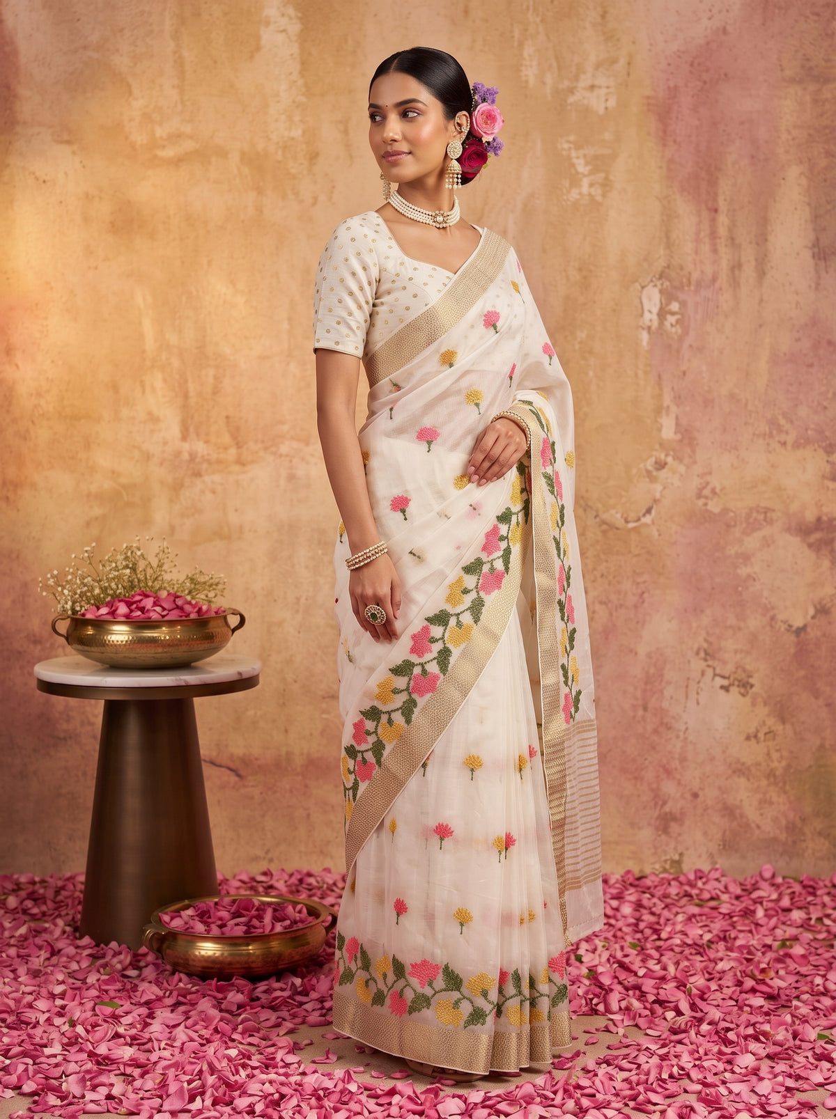 MIMOSA White Jaipur Pure Viscose Chiffon Saree — model mid section