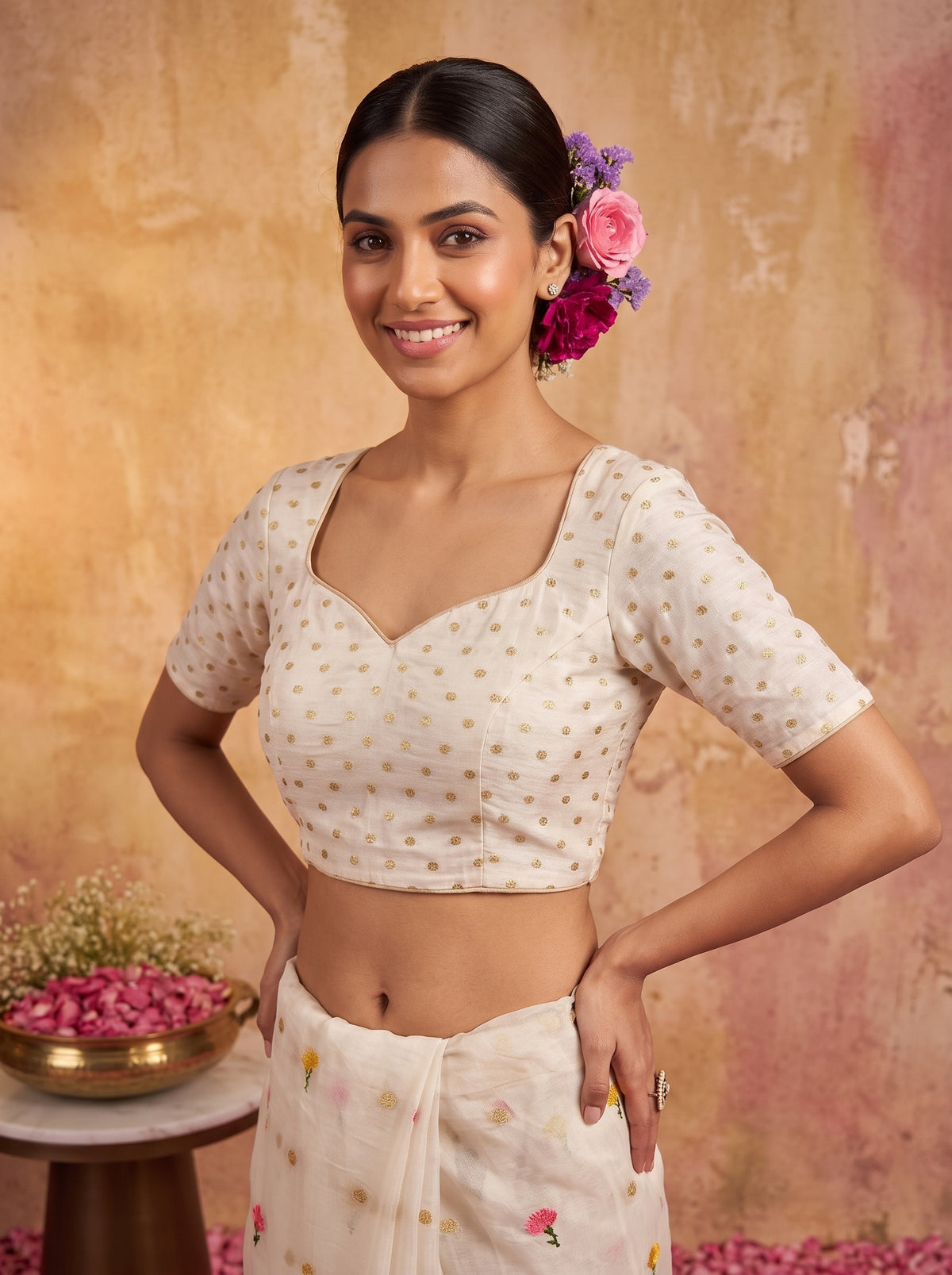 MIMOSA White Jaipur Saree — blouse close-up