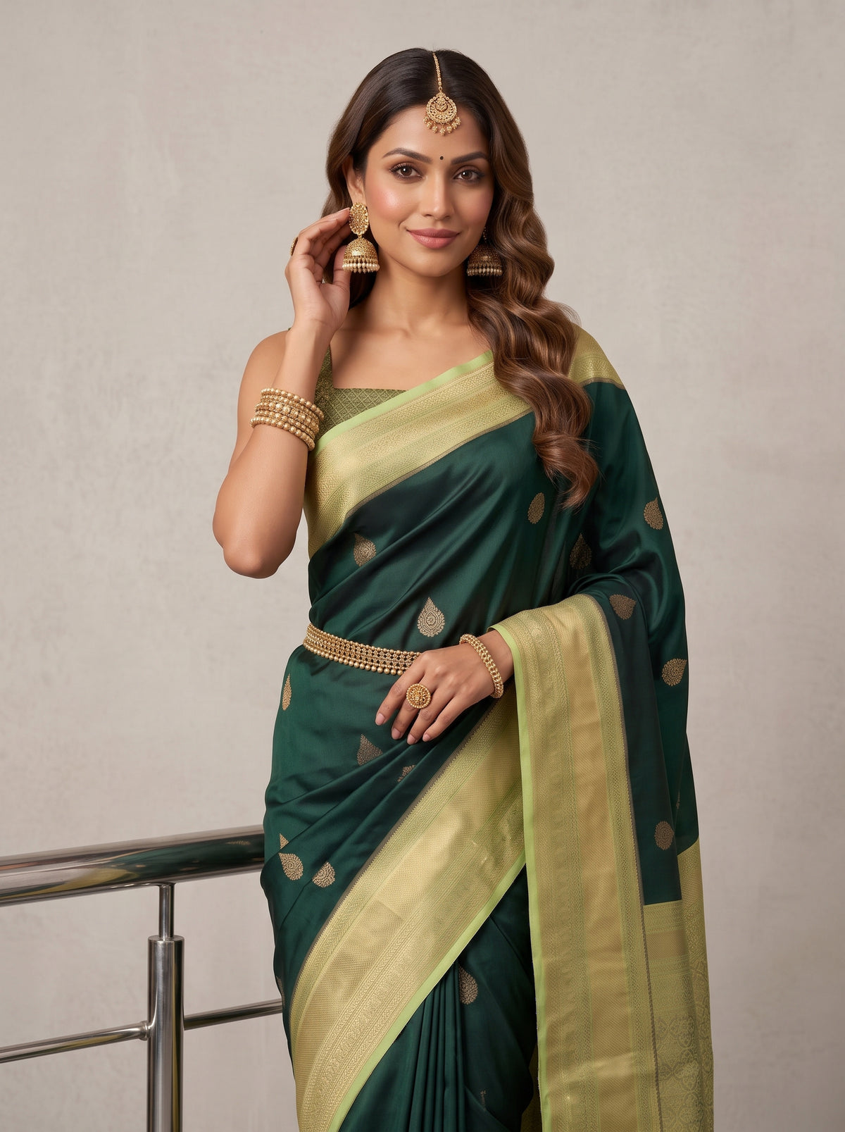 MIMOSA Bottle Green Kanjivaram Saree — pose 10 styling detail