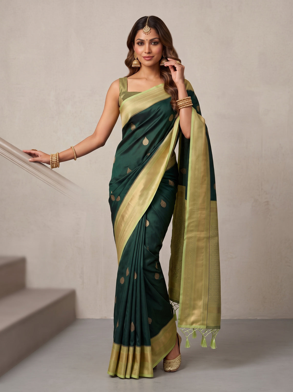 MIMOSA Bottle Green Kanjivaram Saree — pose 5 styling detail