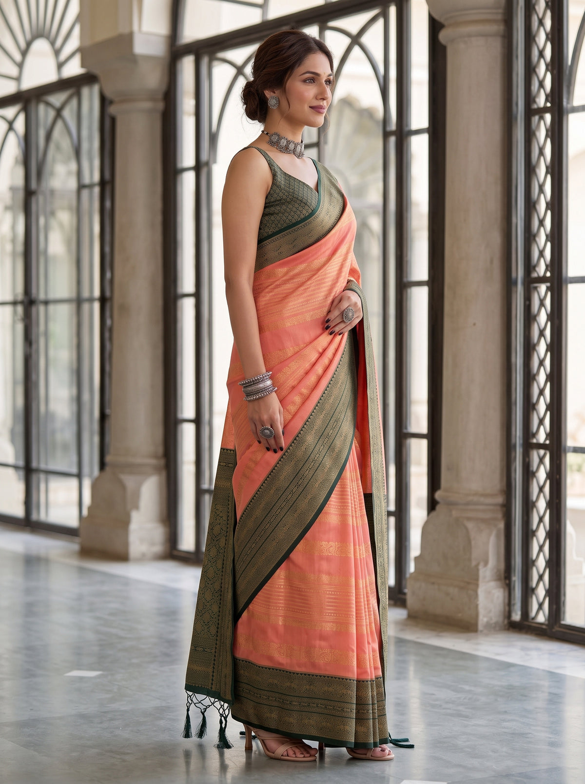 MIMOSA Peach Kanjivaram Art Silk Saree — pose 3 styling detail
