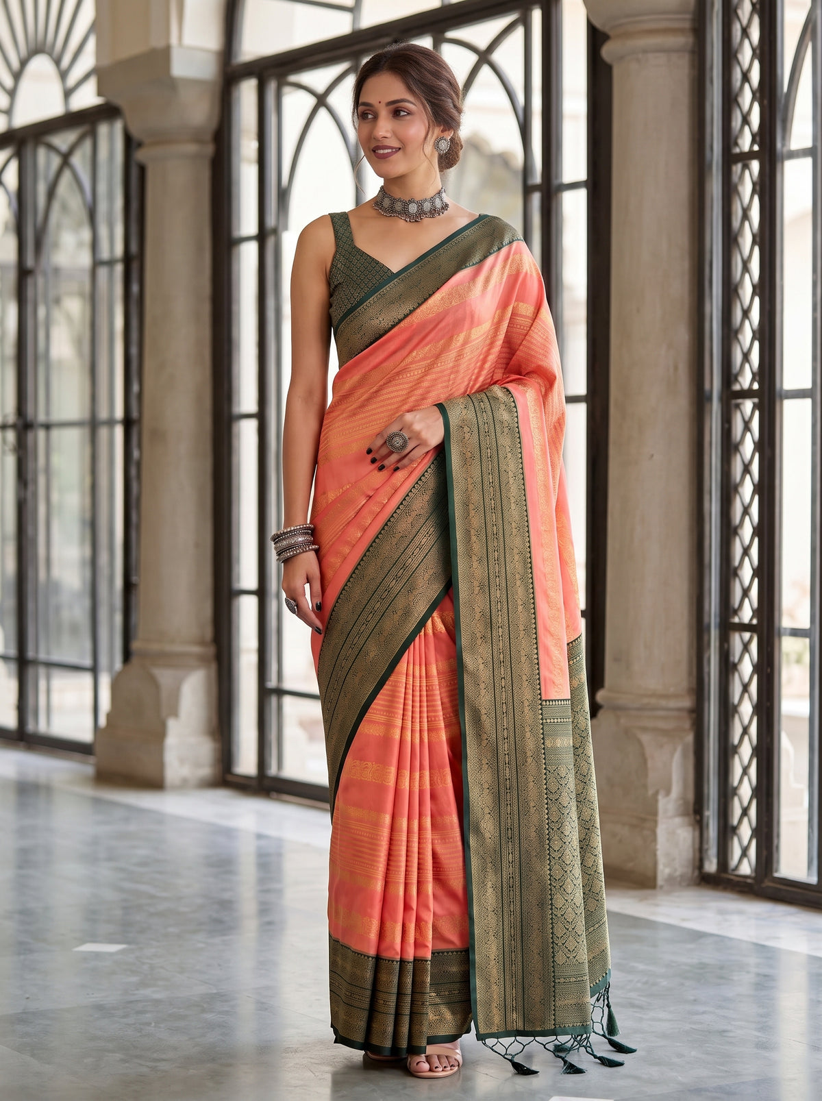 MIMOSA Peach Kanjivaram Art Silk Saree — pose 5 styling detail