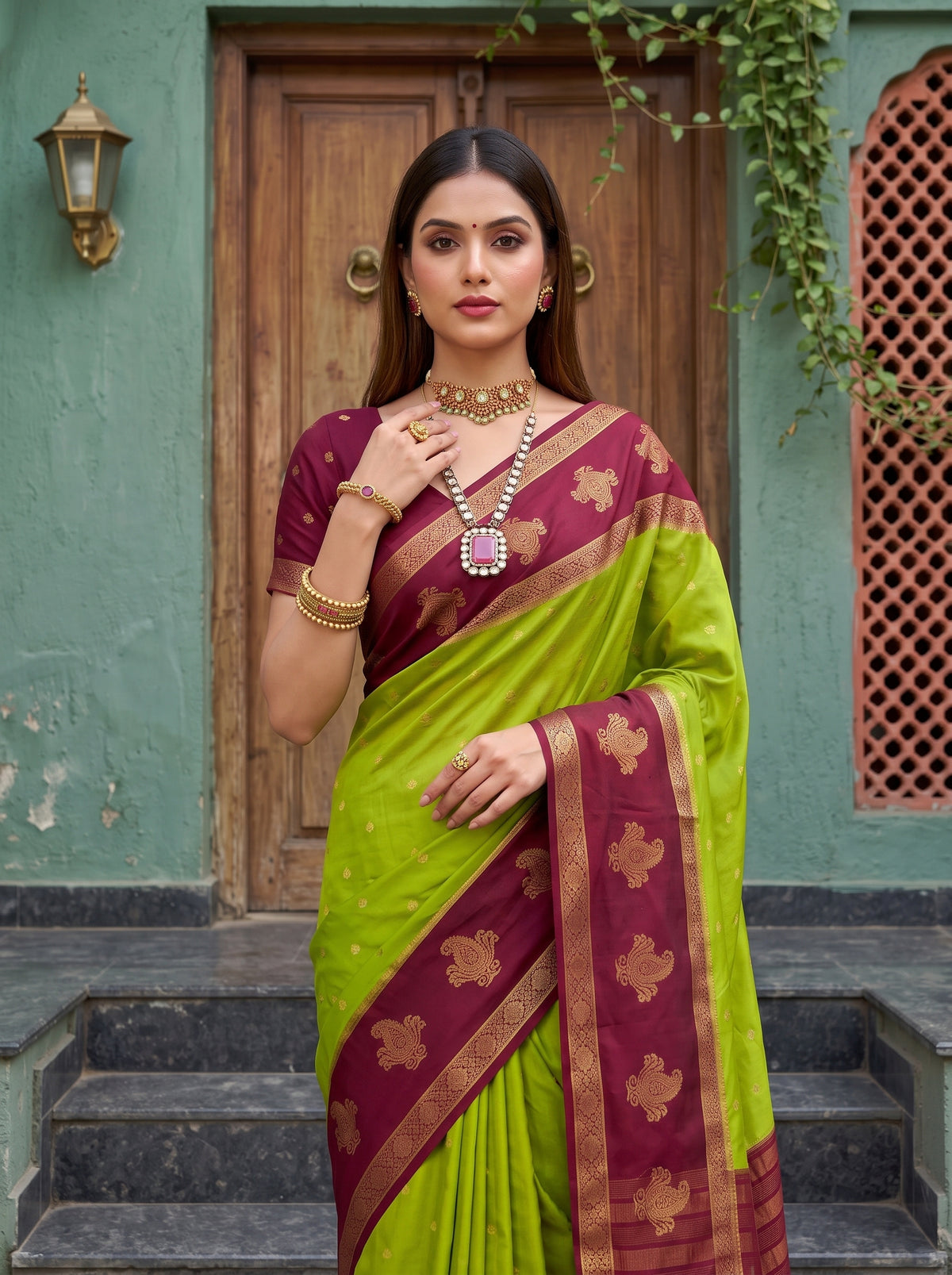 MIMOSA Olive Mysore Silk Crepe Saree — pose 10 styling detail