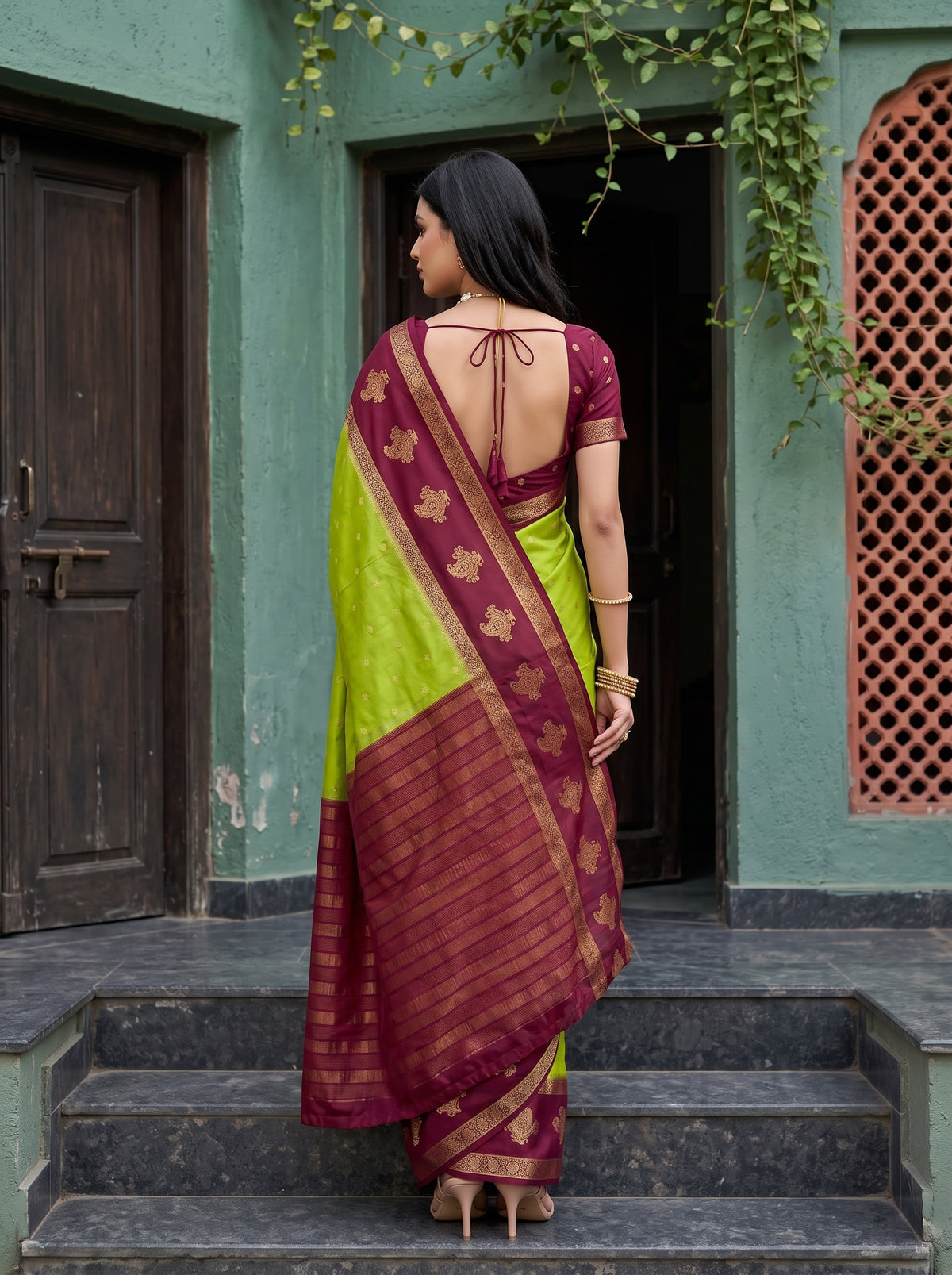 MIMOSA Olive Mysore Silk Crepe Saree — pose 2 styling detail