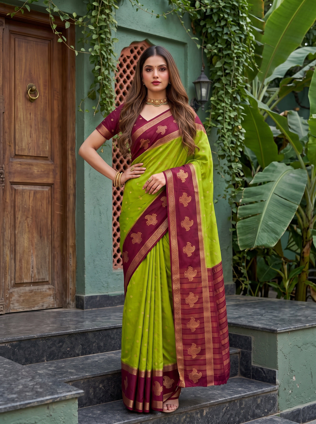MIMOSA Olive Mysore Silk Crepe Saree — pose 4 styling detail