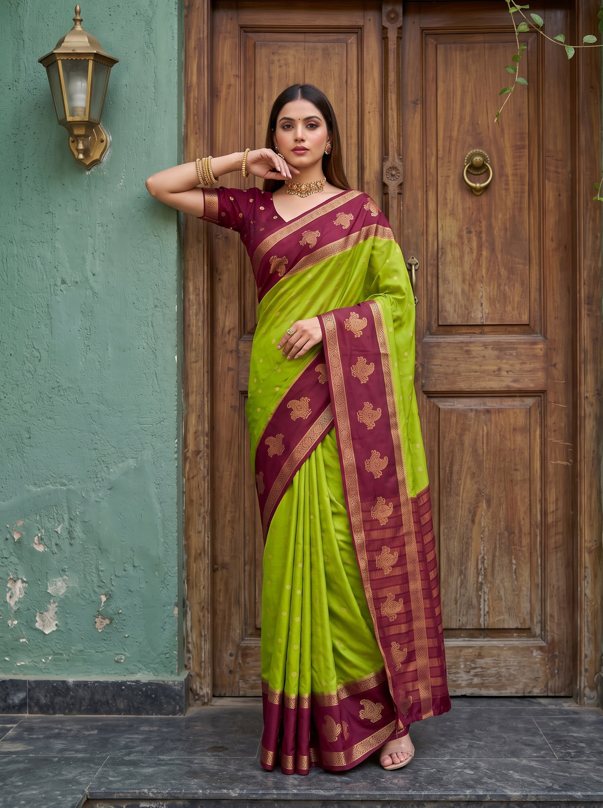 MIMOSA Olive Mysore Silk Crepe Saree — pose 5 styling detail