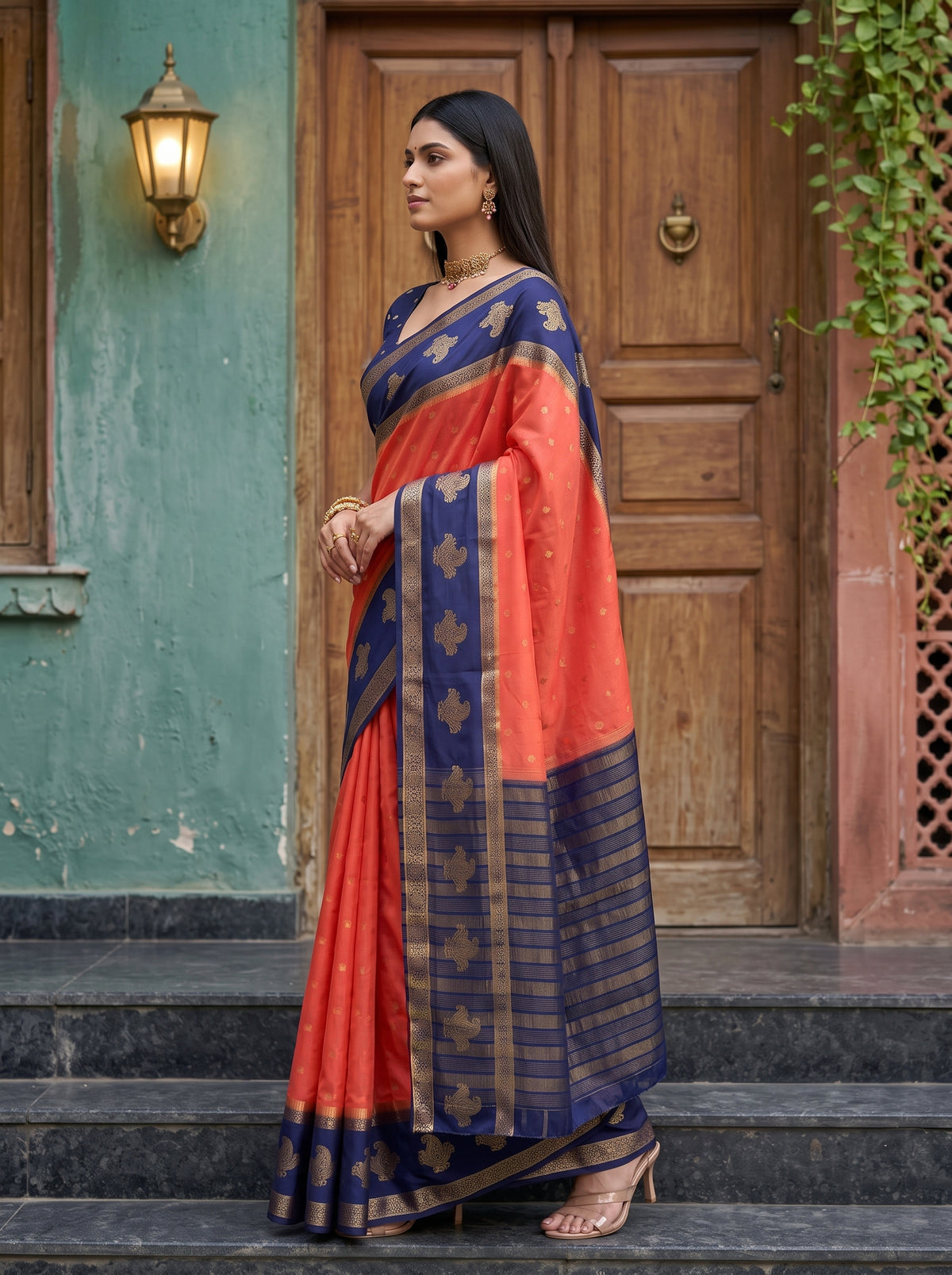 MIMOSA Peach Mysore Silk Crepe Saree — pose 3 styling detail