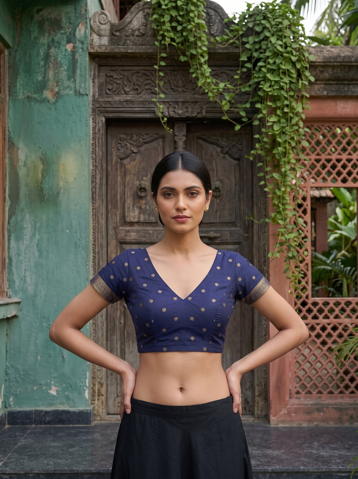 MIMOSA Peach Mysore Silk Crepe Saree — blouse close-up
