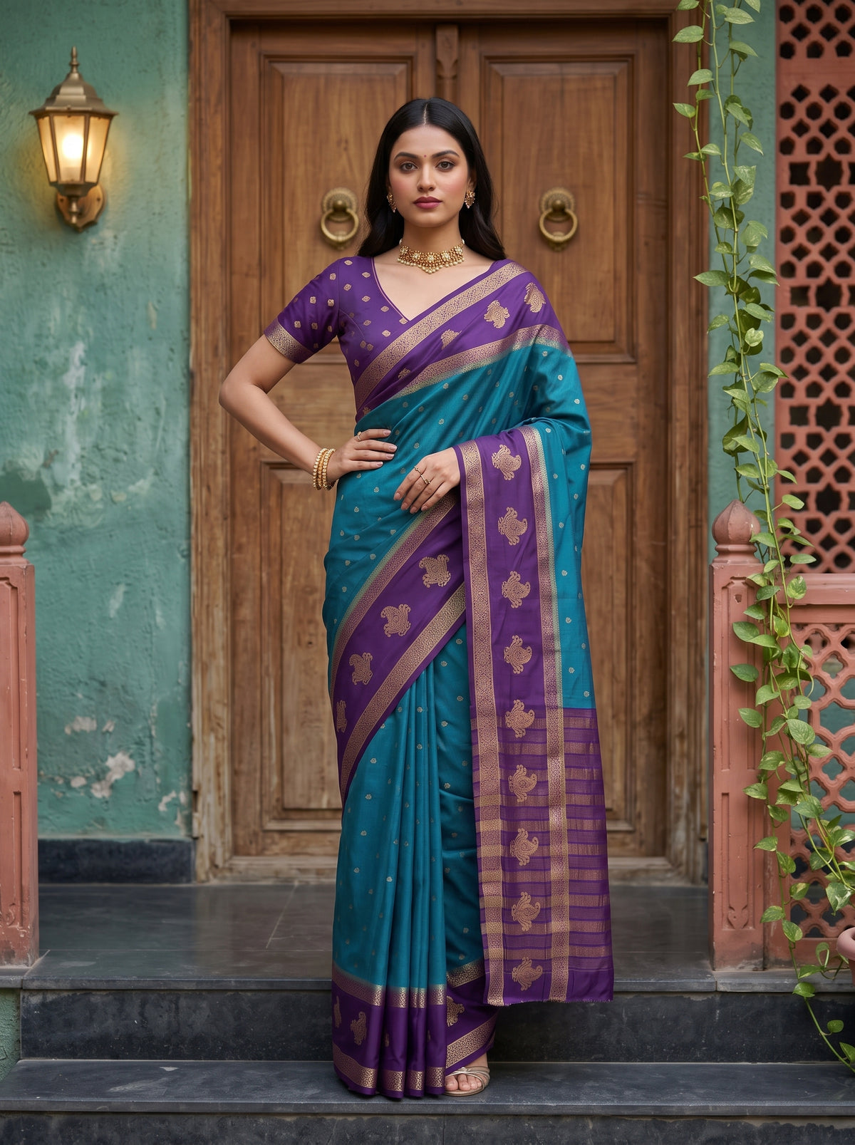 MIMOSA Sapphire Mysore Silk Crepe Saree — pose 4 styling detail