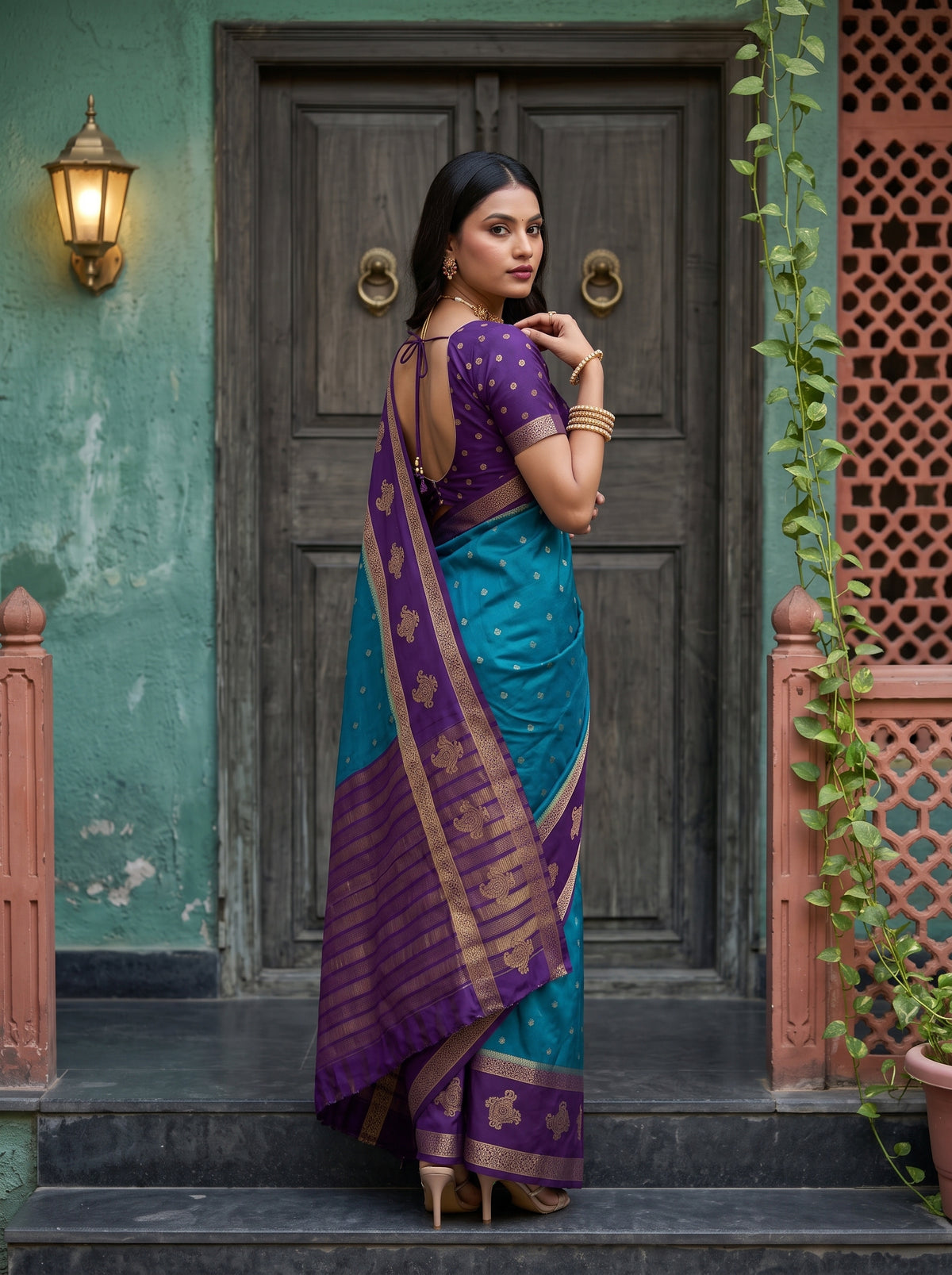 MIMOSA Sapphire Mysore Silk Crepe Saree — pose 7 styling detail