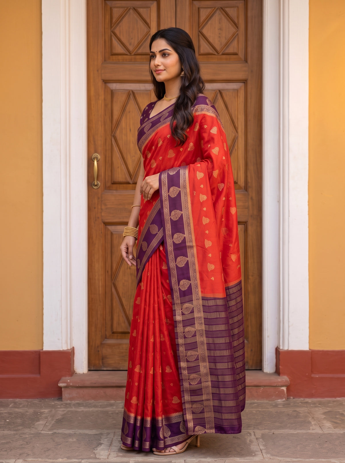 MIMOSA Orange Mysore Silk Saree — pose 3 styling detail