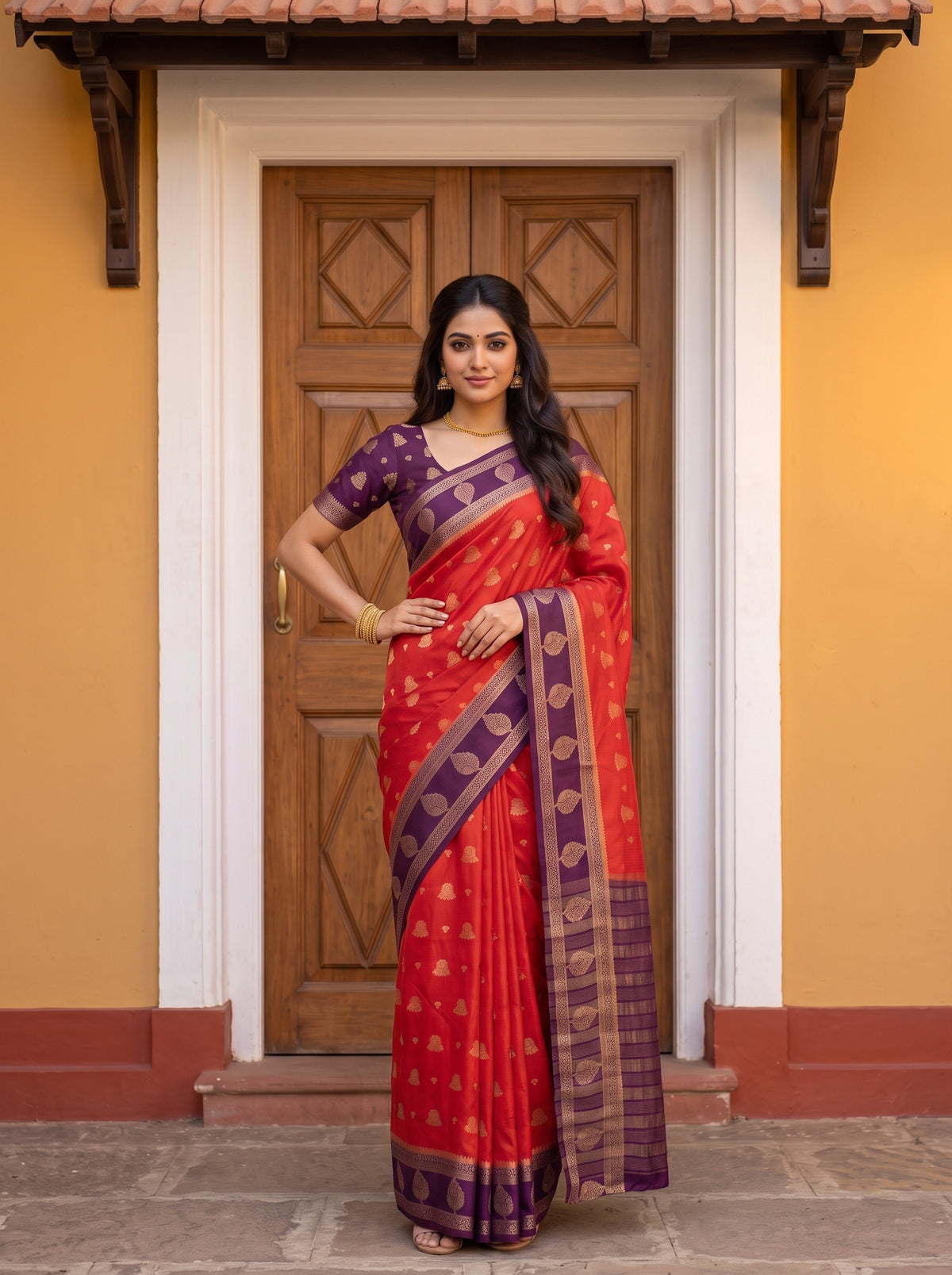 MIMOSA Orange Mysore Silk Saree — pose 4 styling detail