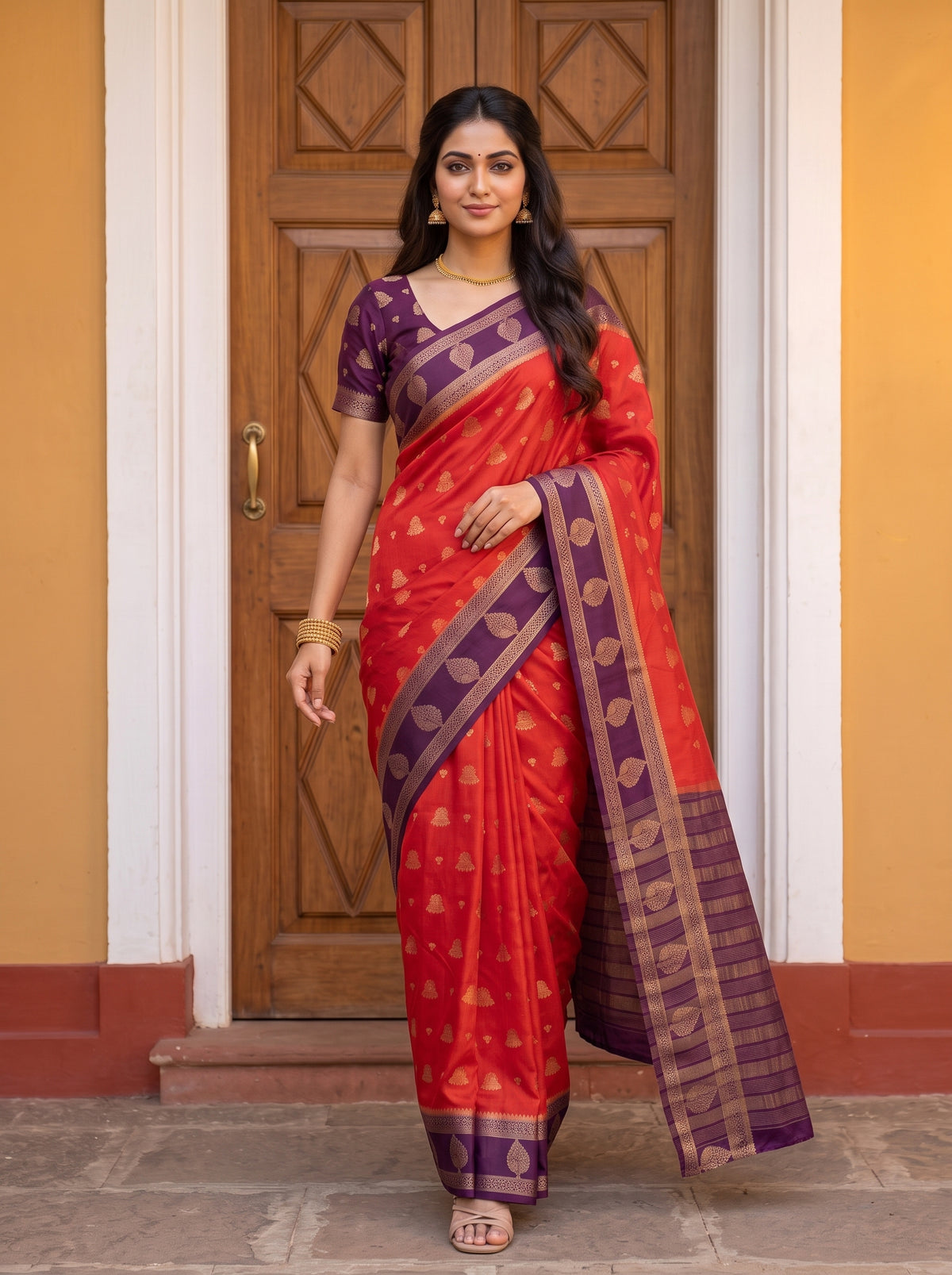 MIMOSA Orange Mysore Silk Saree — pose 6 styling detail