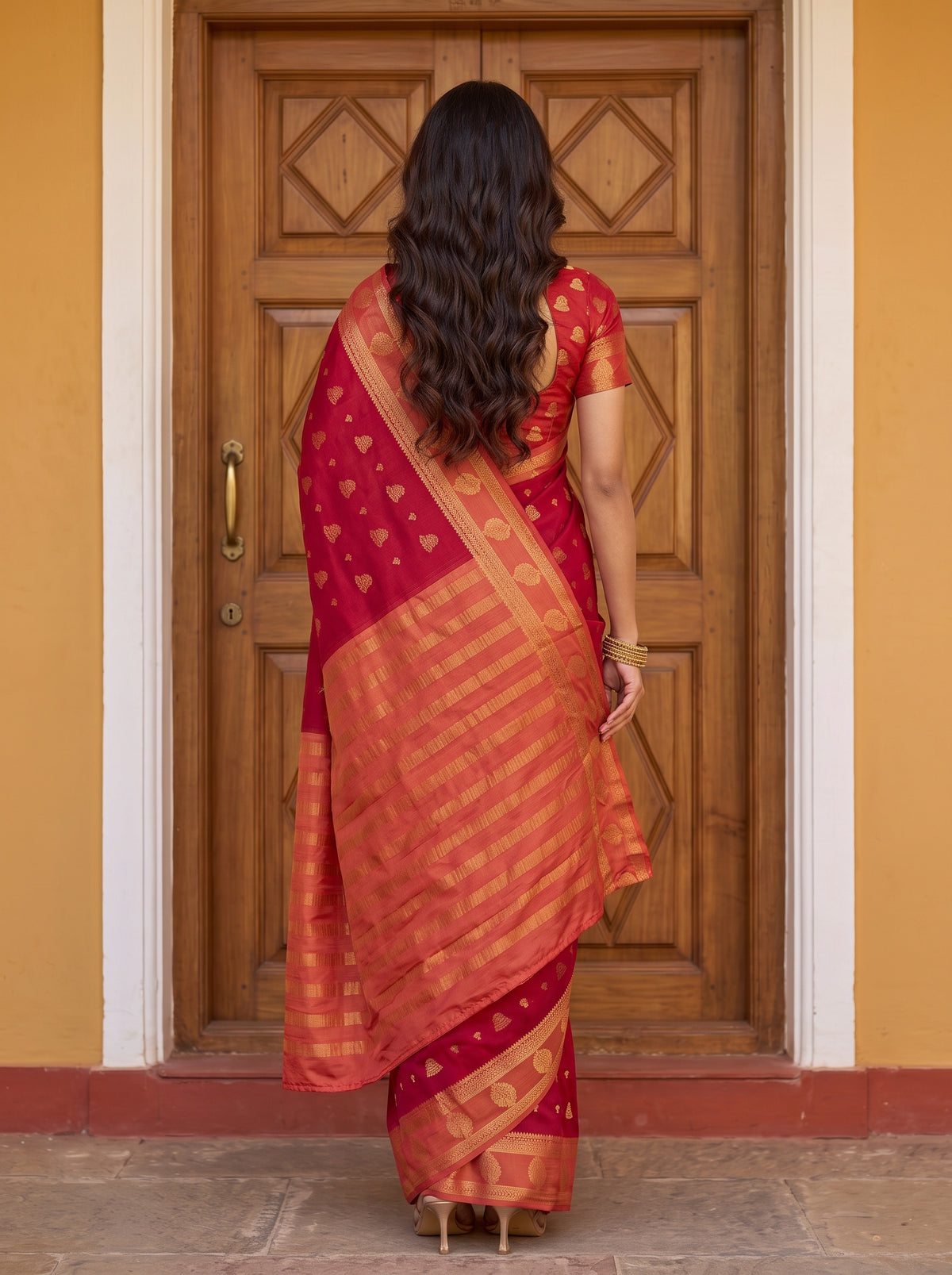 MIMOSA Red Mysore Silk Saree — pose 2 styling detail