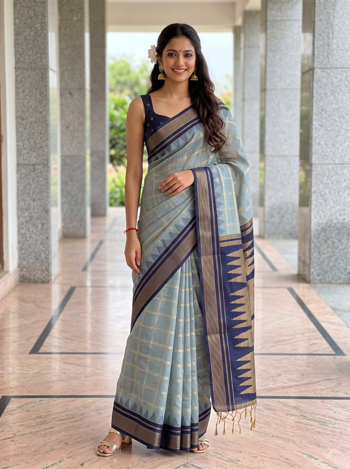 MIMOSA Grey Banarasi Saree — front view on mannequin