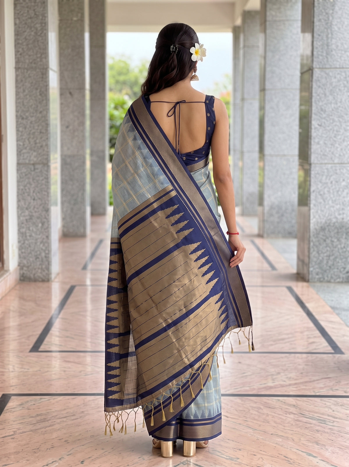MIMOSA Grey Banarasi Saree — pose 2 styling detail