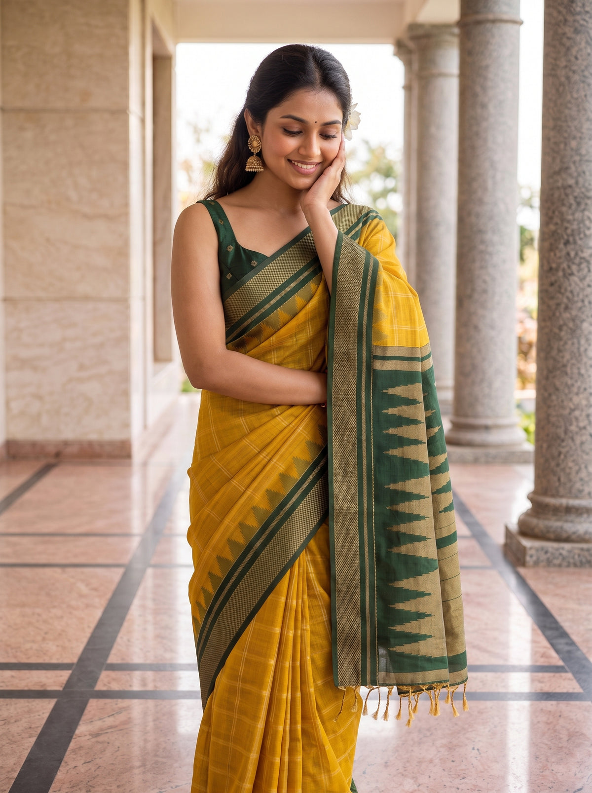 MIMOSA Mustard Banarasi Saree — pose 10 styling detail