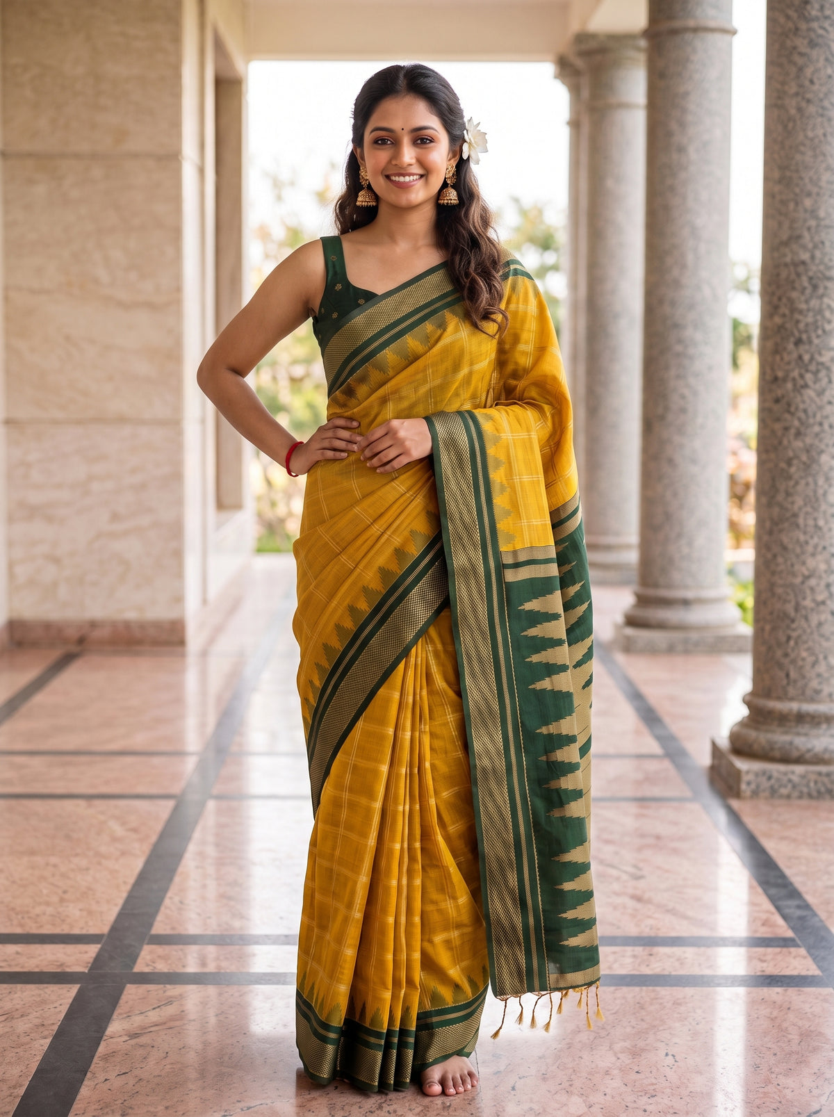 MIMOSA Mustard Banarasi Saree — pose 4 styling detail