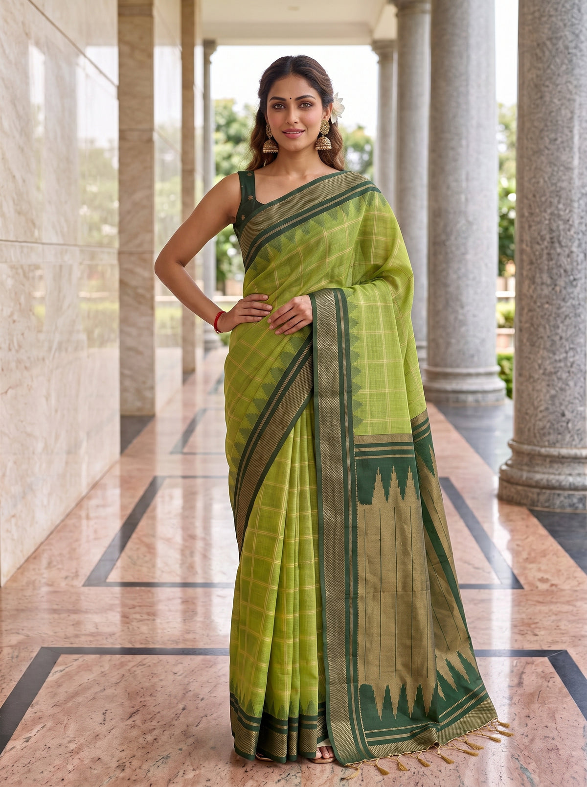 MIMOSA Parrot Green Banarasi Saree — pose 4 styling detail