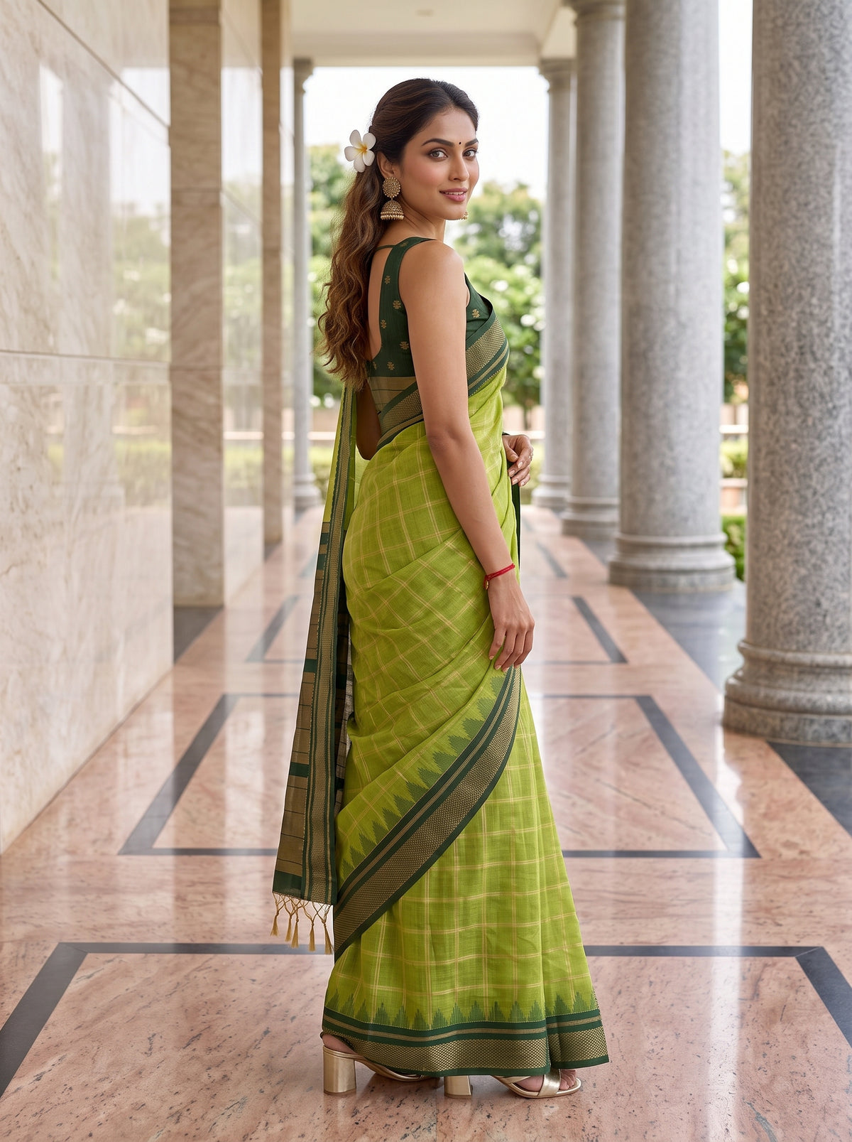 MIMOSA Parrot Green Banarasi Saree — pose 5 styling detail