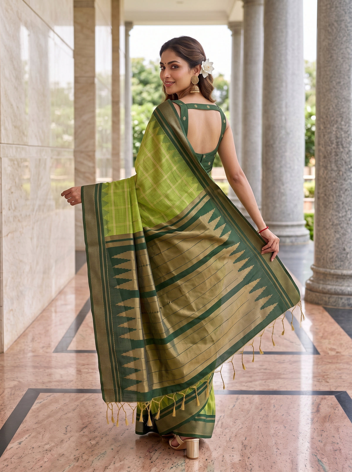 MIMOSA Parrot Green Banarasi Saree — pose 7 styling detail