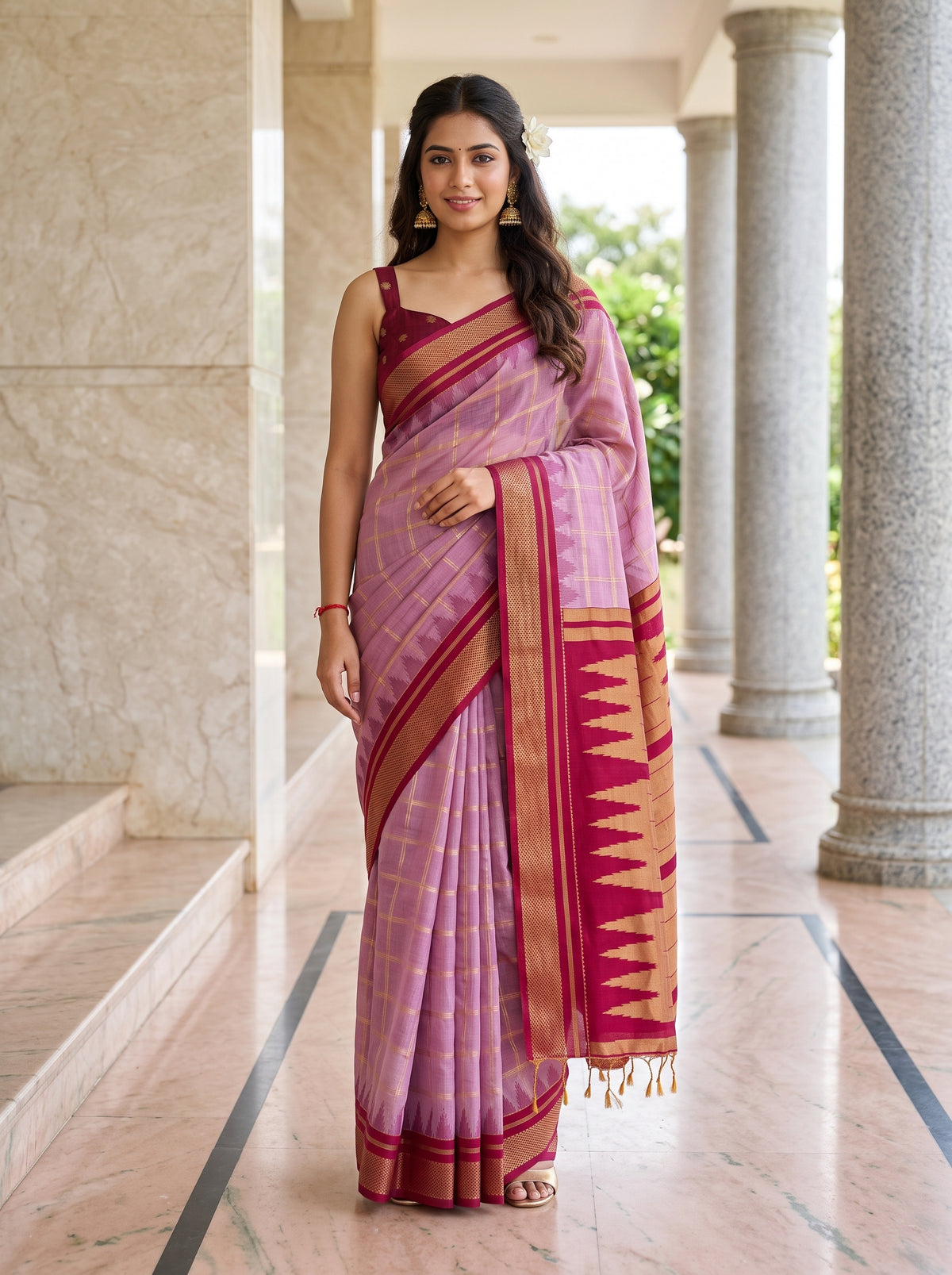 MIMOSA Pink Banarasi Saree — front view on mannequin