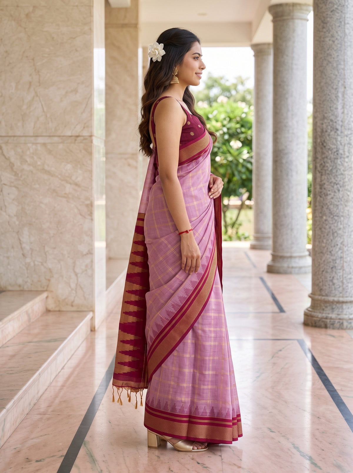 MIMOSA Pink Banarasi Saree — pose 3 styling detail