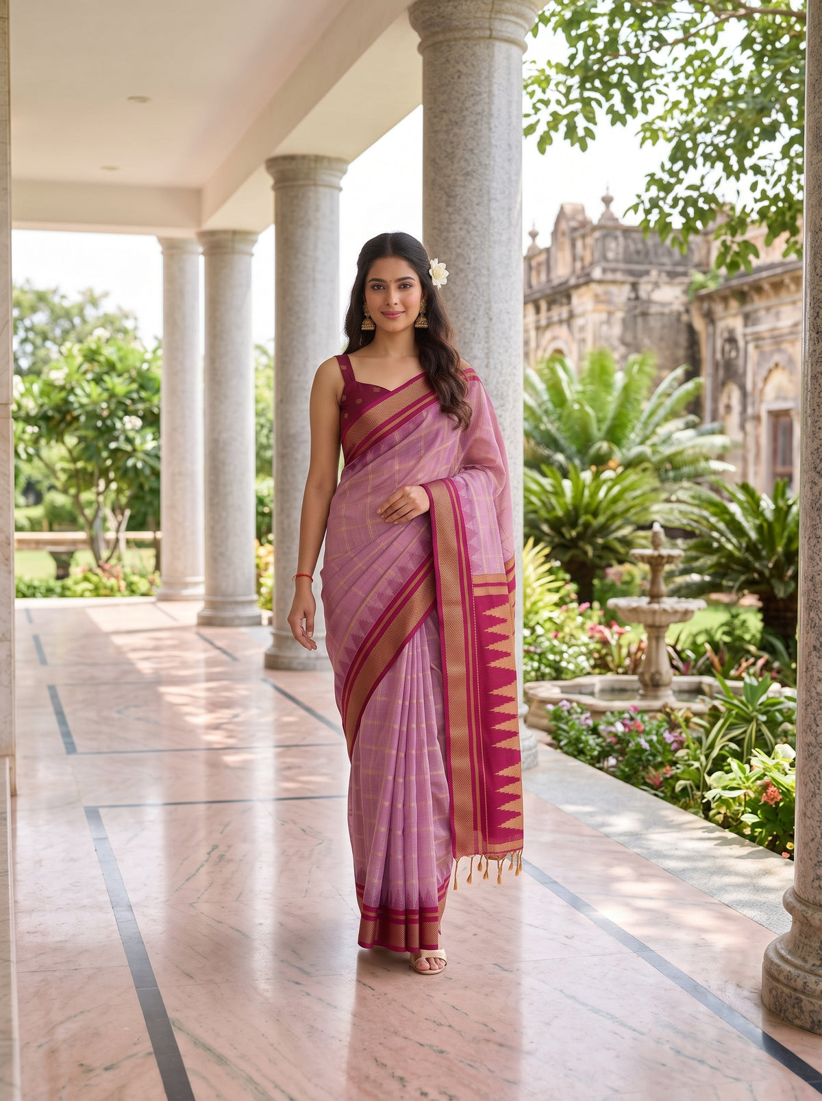MIMOSA Pink Banarasi Saree — pose 6 styling detail
