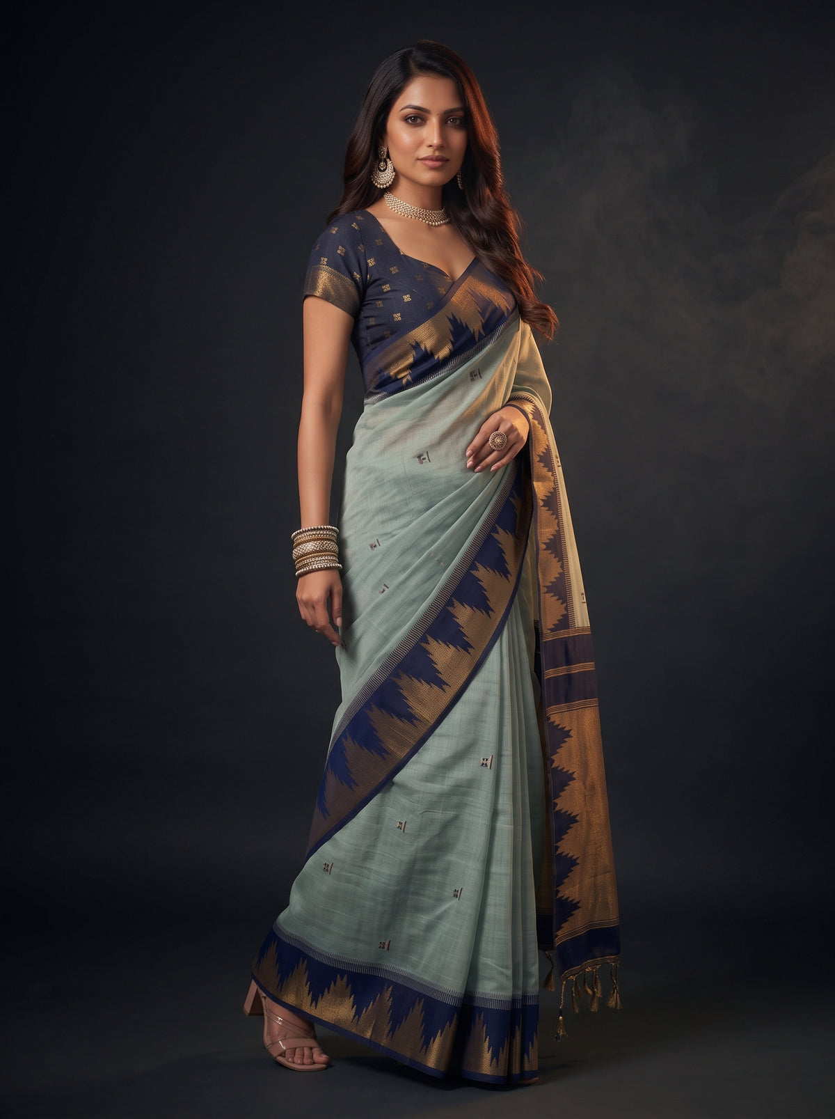 MIMOSA Grey Banarasi Cotton Saree — pose 9 styling detail