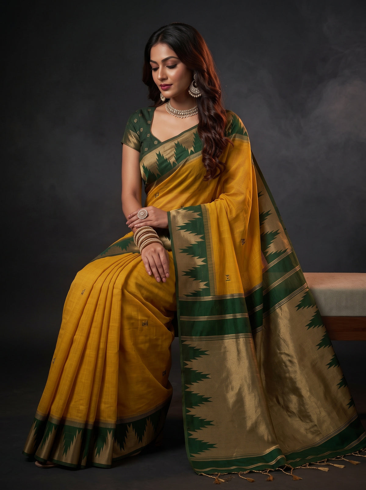 MIMOSA Mustard Banarasi Cotton Saree — pose 8 styling detail