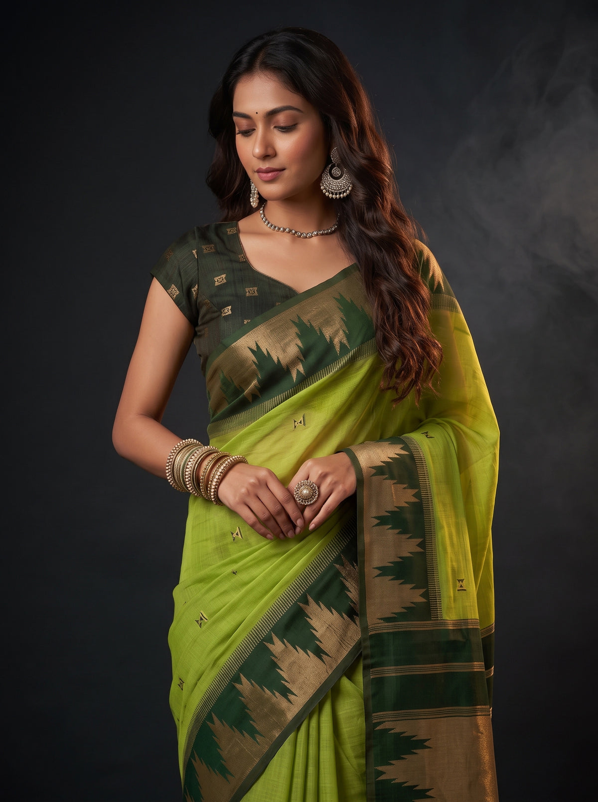 MIMOSA Parrot Green Banarasi Cotton Saree — pose 10 styling detail