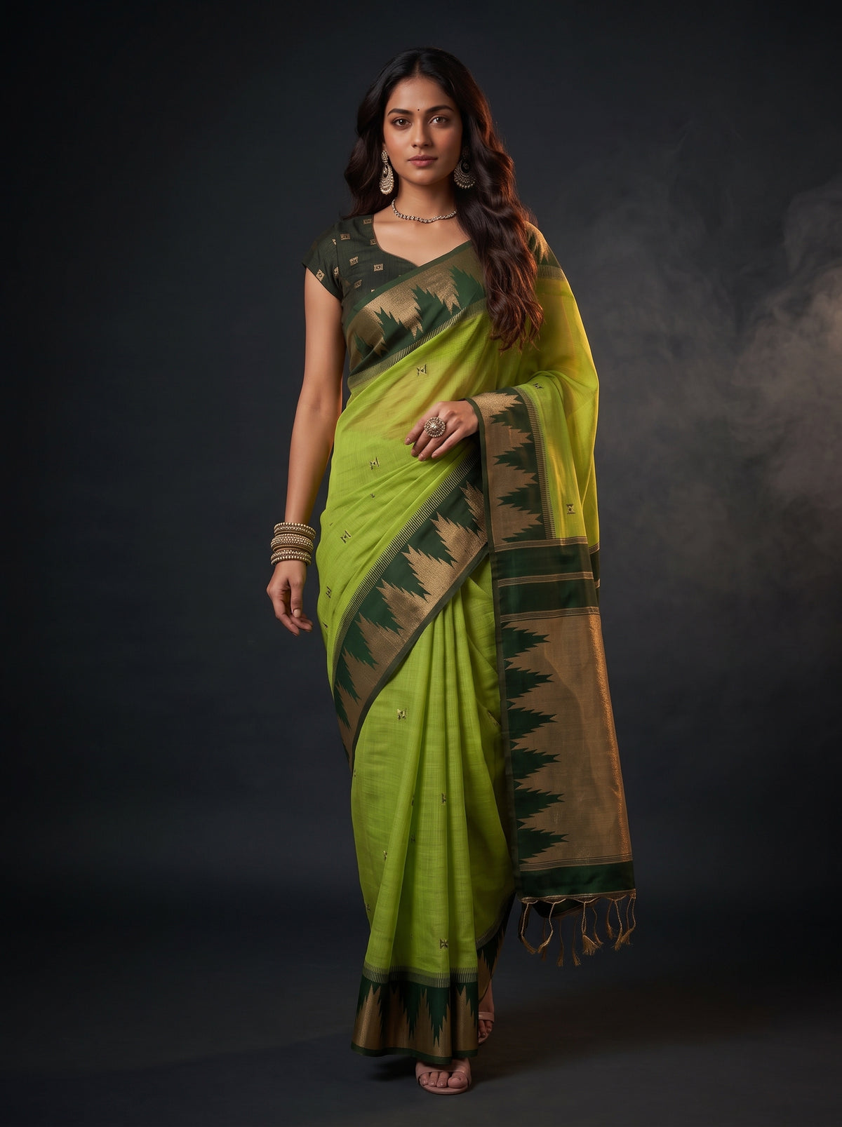 MIMOSA Parrot Green Banarasi Cotton Saree — pose 6 styling detail