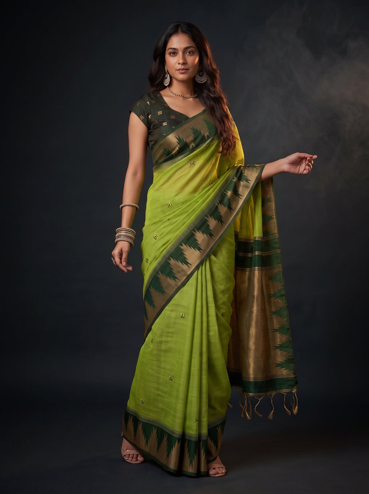 MIMOSA Parrot Green Banarasi Cotton Saree — pose 9 styling detail