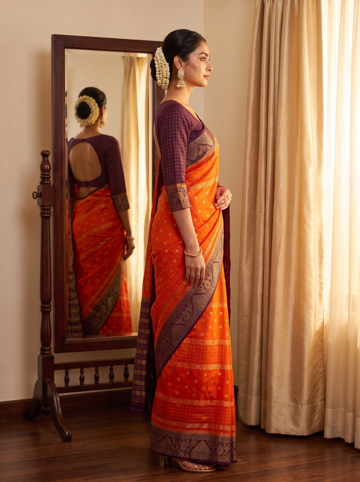 MIMOSA Orange Mysore Silk Crepe Saree — pose 3 styling detail