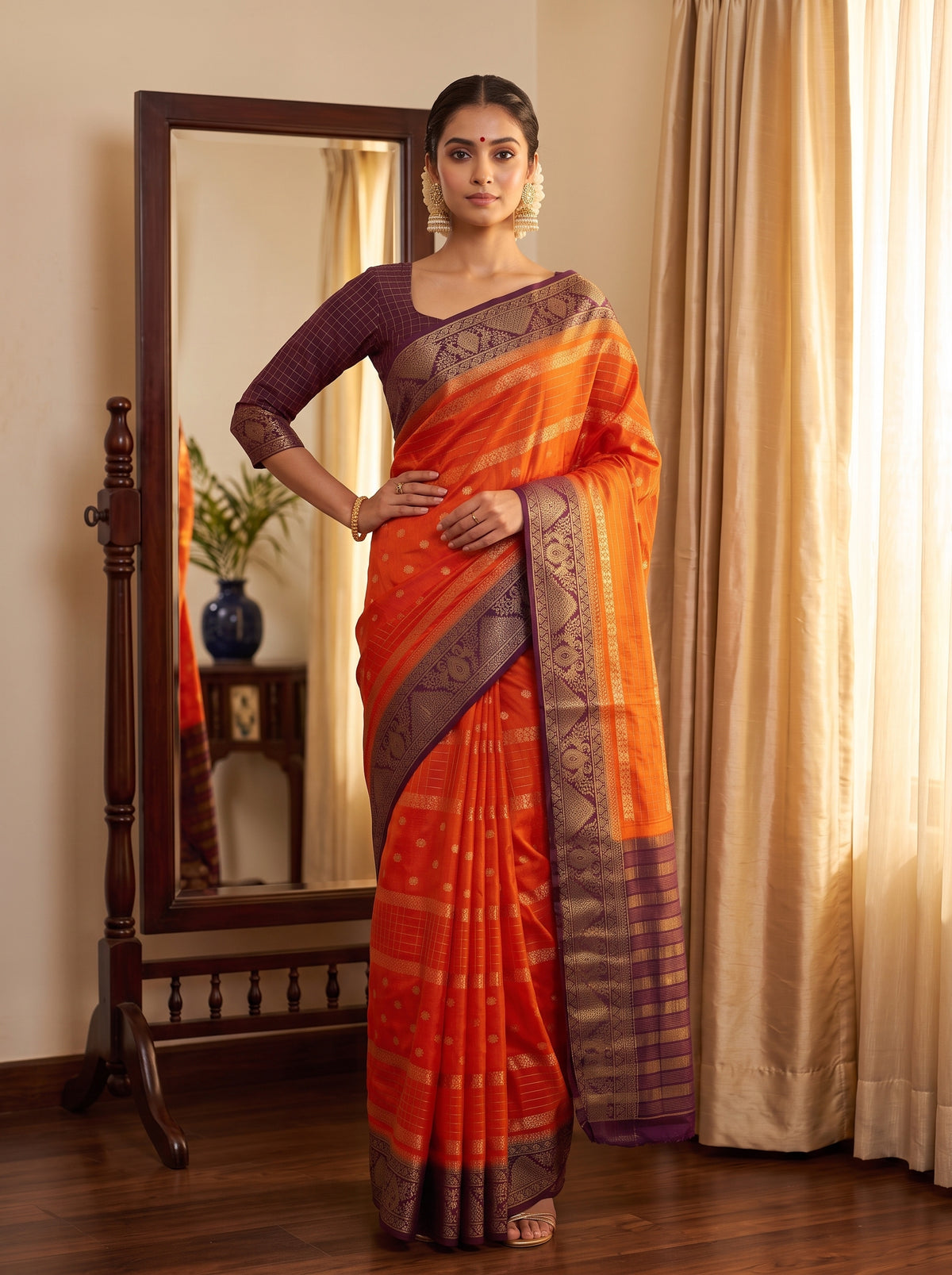 MIMOSA Orange Mysore Silk Crepe Saree — pose 4 styling detail