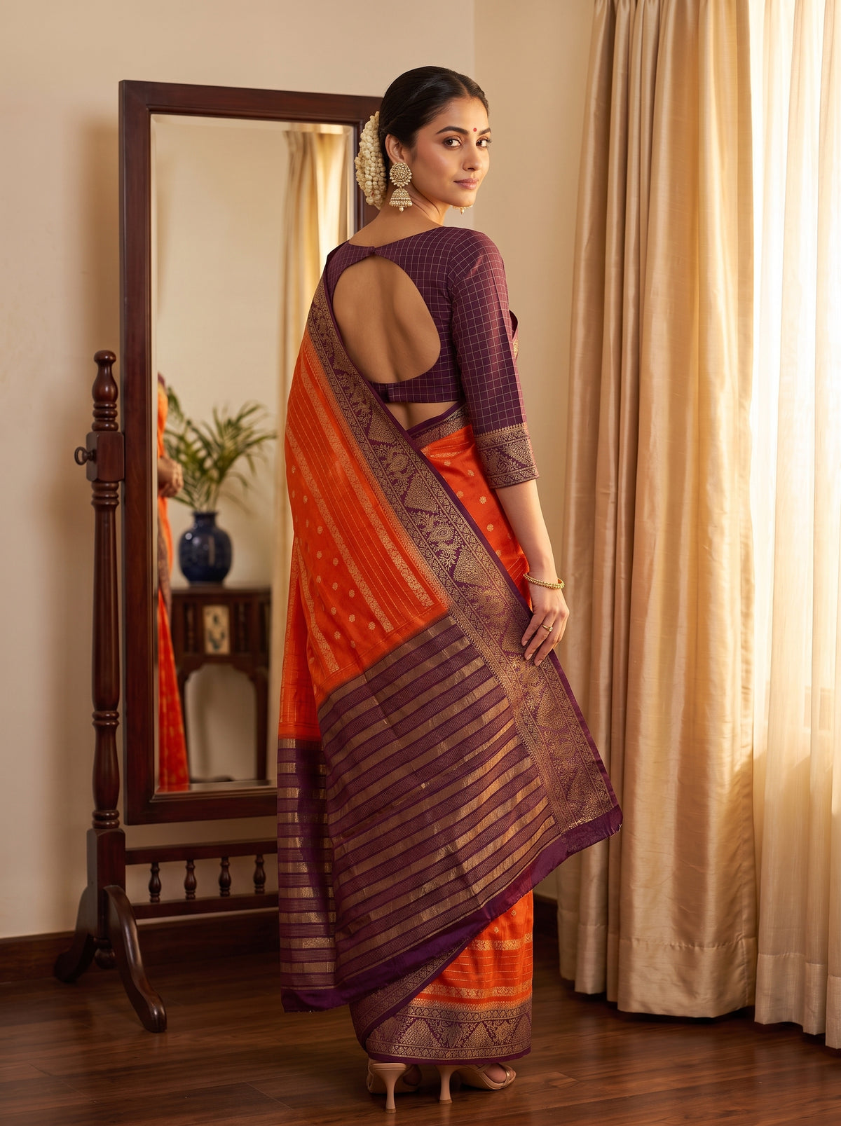 MIMOSA Orange Mysore Silk Crepe Saree — pose 7 styling detail