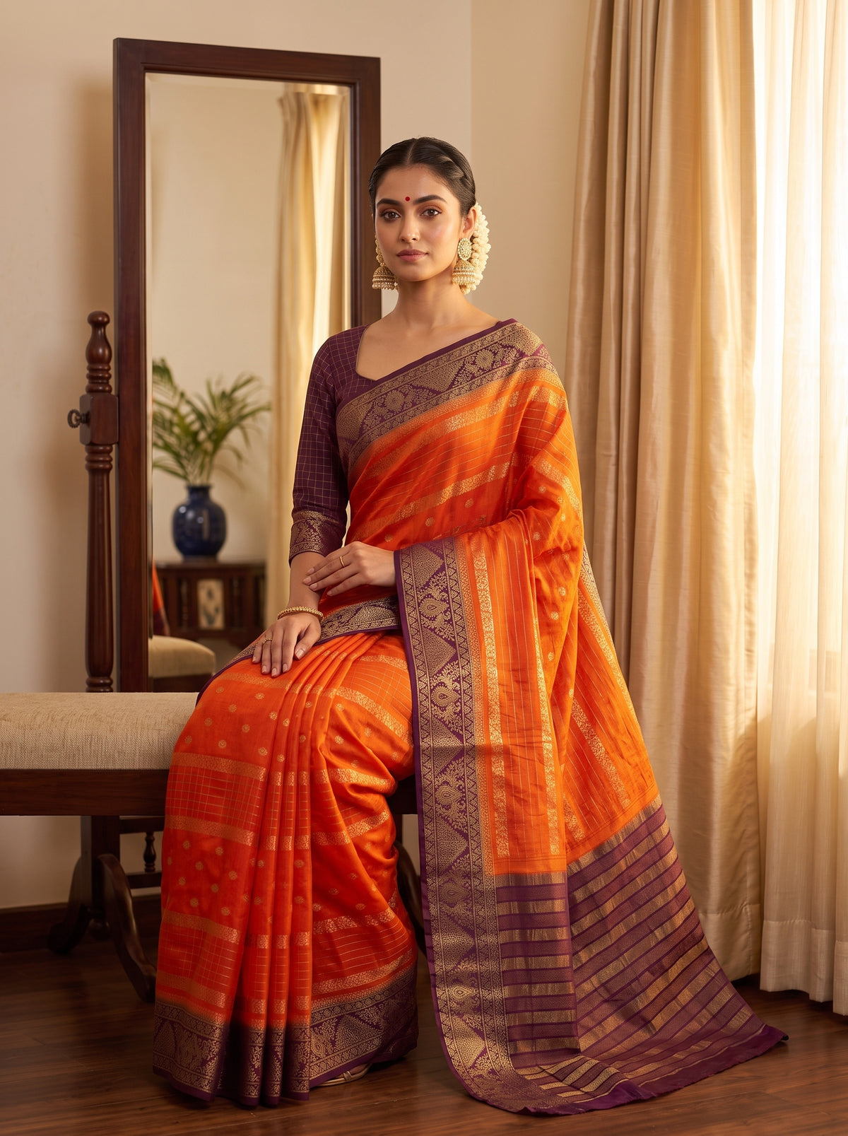 MIMOSA Orange Mysore Silk Crepe Saree — pose 8 styling detail