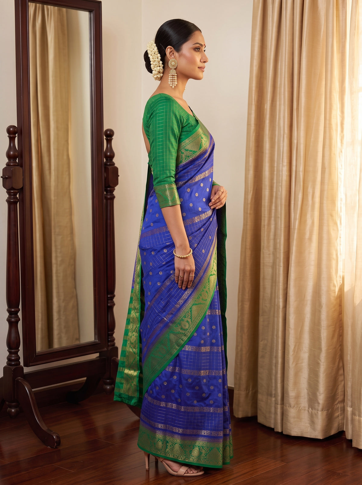 MIMOSA Royal Blue Mysore Silk Crepe Saree — pose 3 styling detail