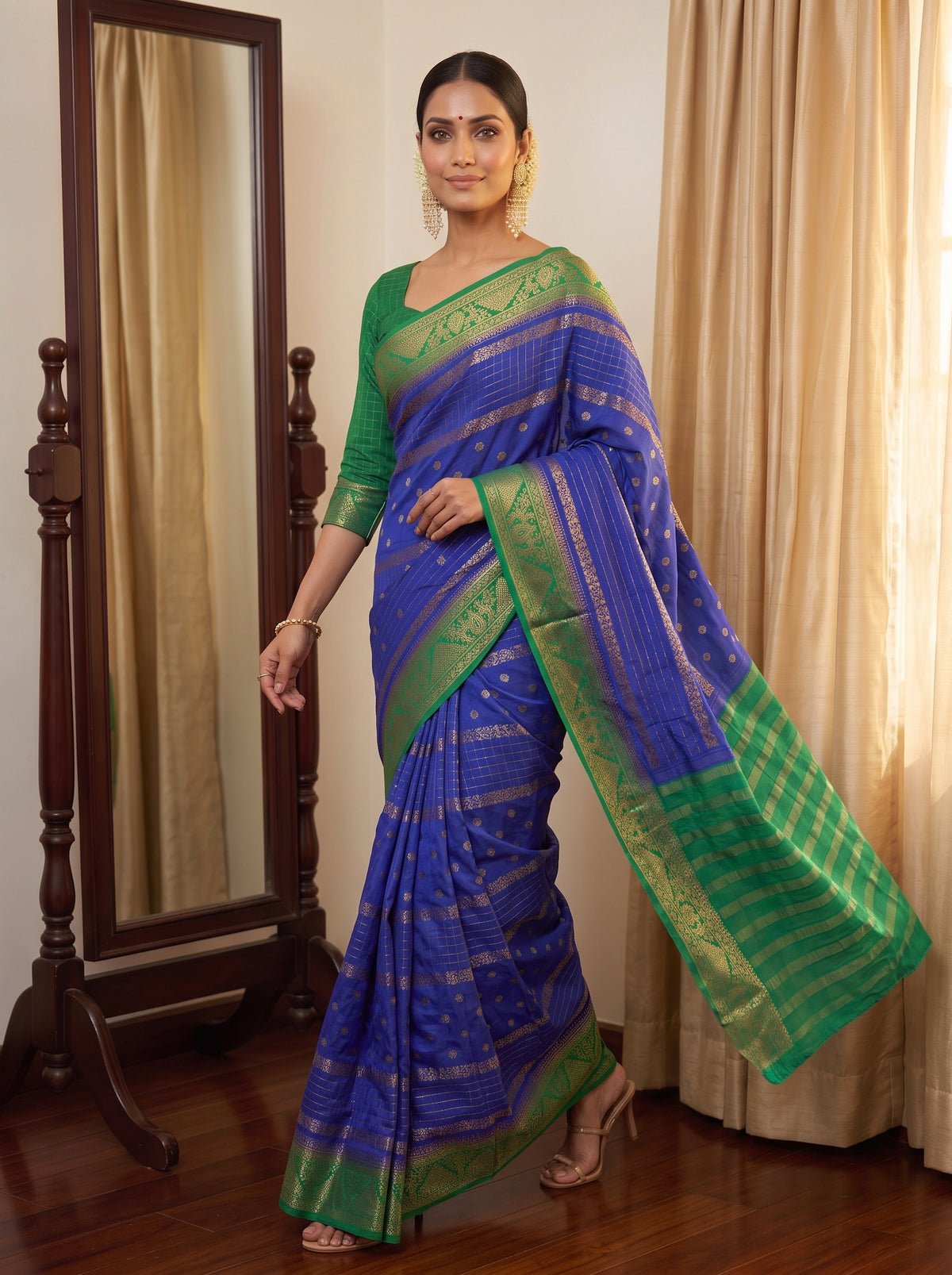 MIMOSA Royal Blue Mysore Silk Crepe Saree — pose 6 styling detail