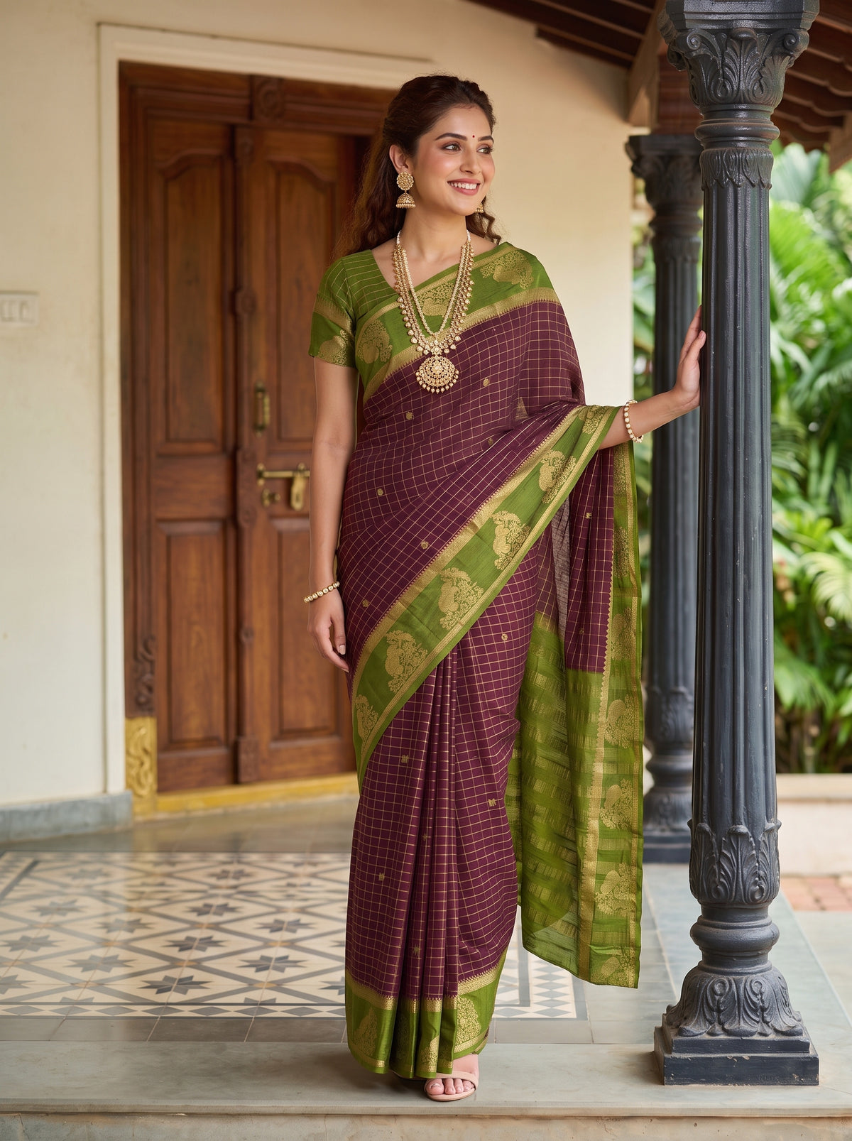 MIMOSA Chocolate Mysore Silk Crepe Saree — Model showing blouse details