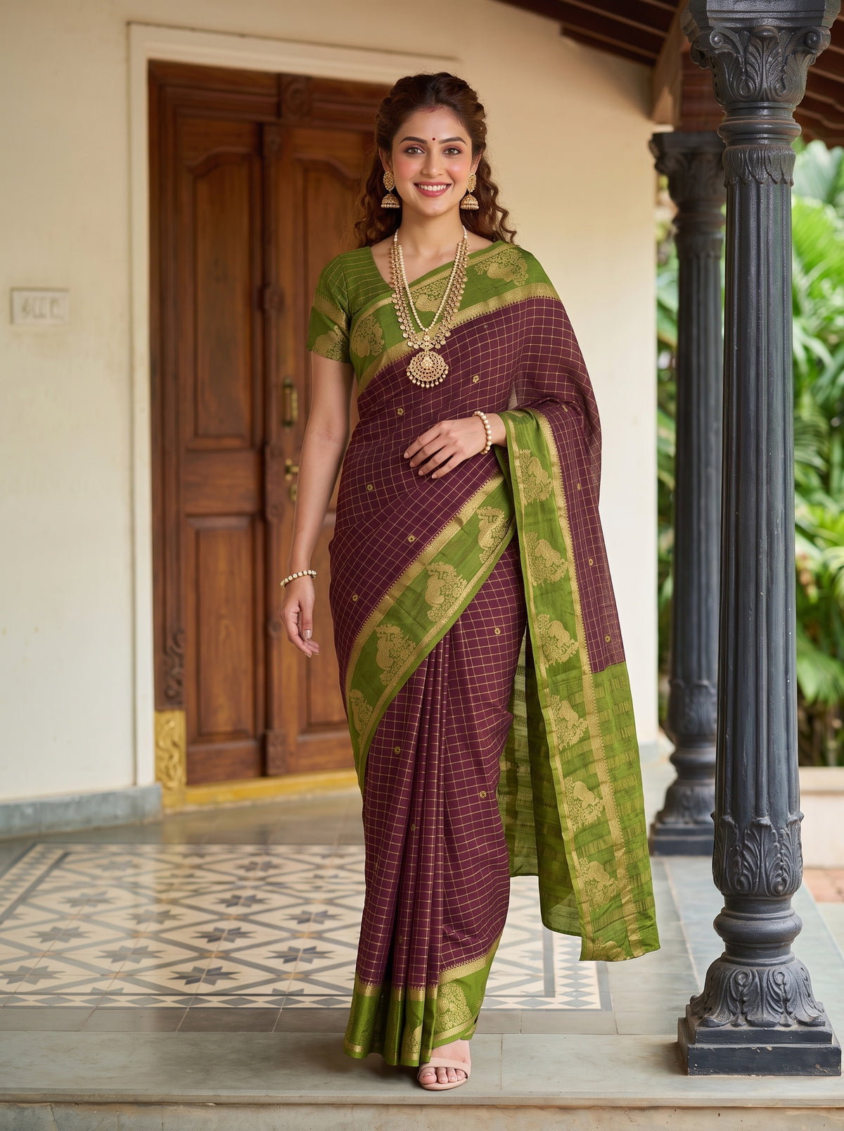 MIMOSA Chocolate Mysore Silk Crepe Saree — Model showing border and pallu