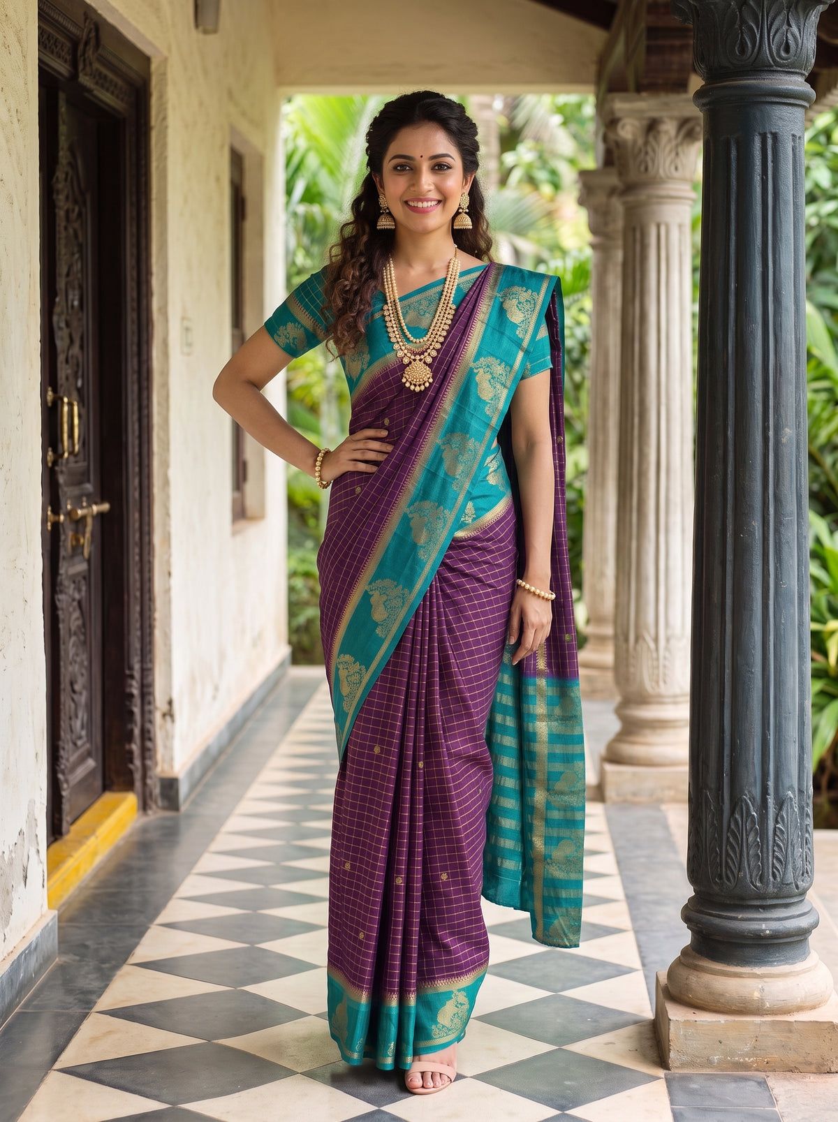 MIMOSA Jamun Mysore Silk Crepe Saree — Model smiling showing jewellery