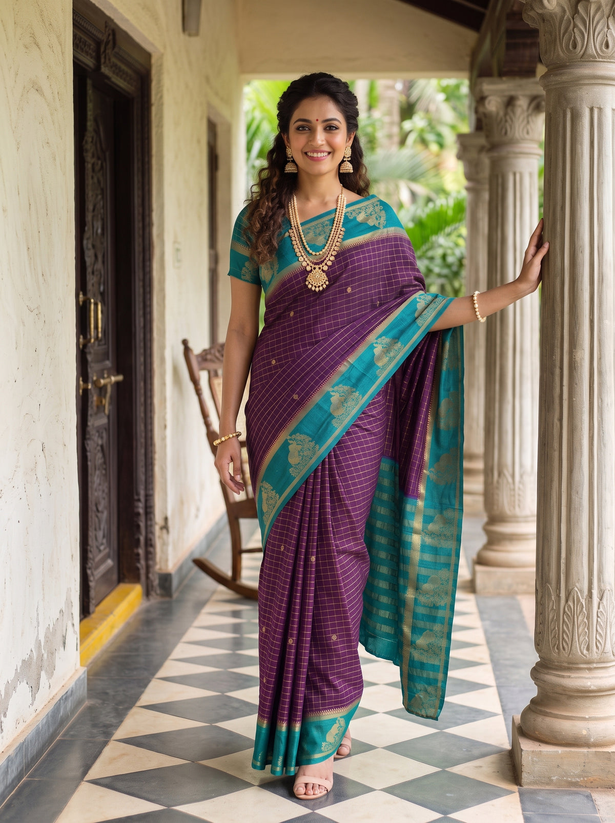 MIMOSA Jamun Mysore Silk Crepe Saree — Model showing blouse details