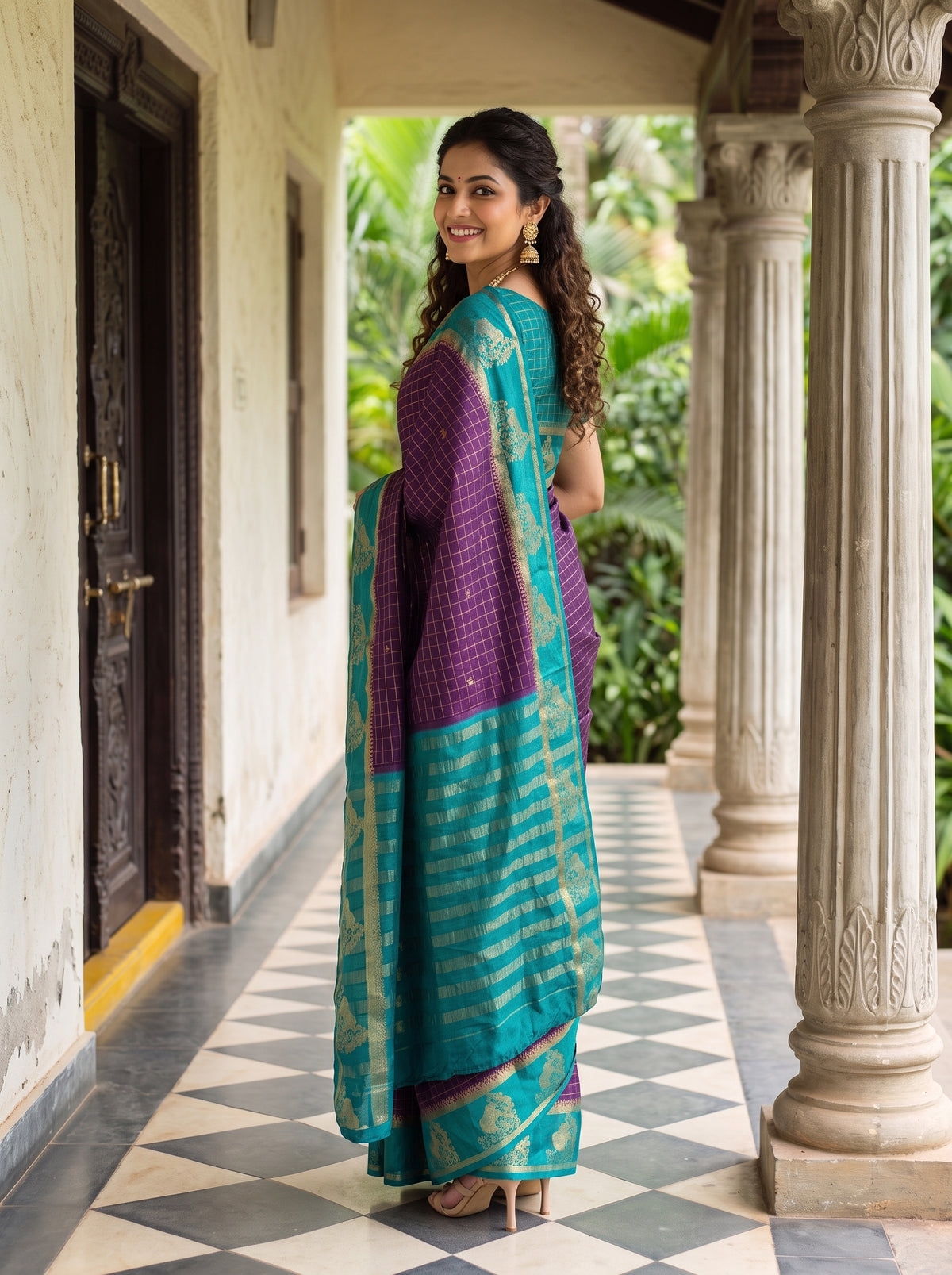 MIMOSA Jamun Mysore Silk Crepe Saree — Model showing border and pallu