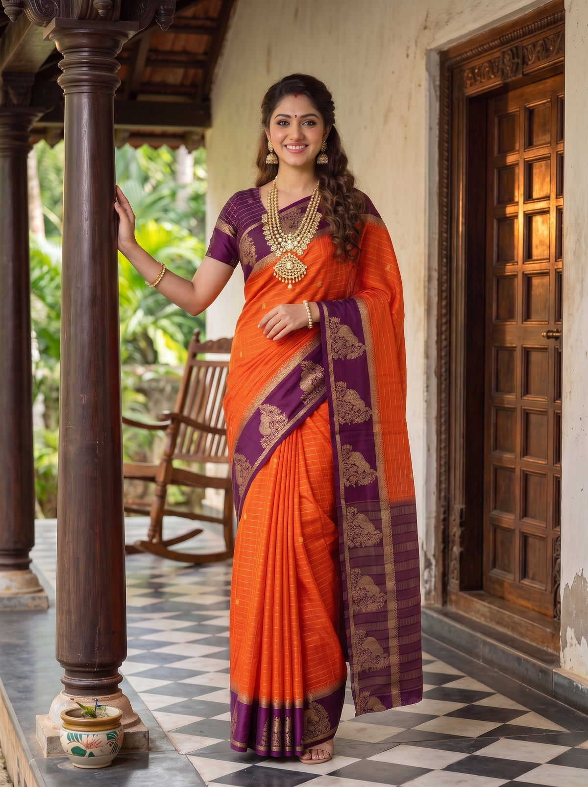 MIMOSA Orange Mysore Silk Crepe Saree — pose 10 styling detail