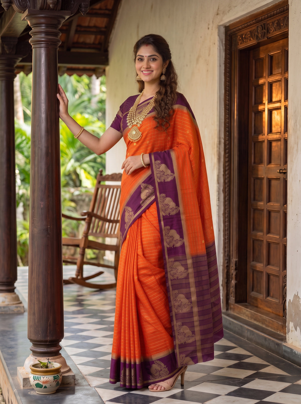 MIMOSA Orange Mysore Silk Crepe Saree — Model showing saree details