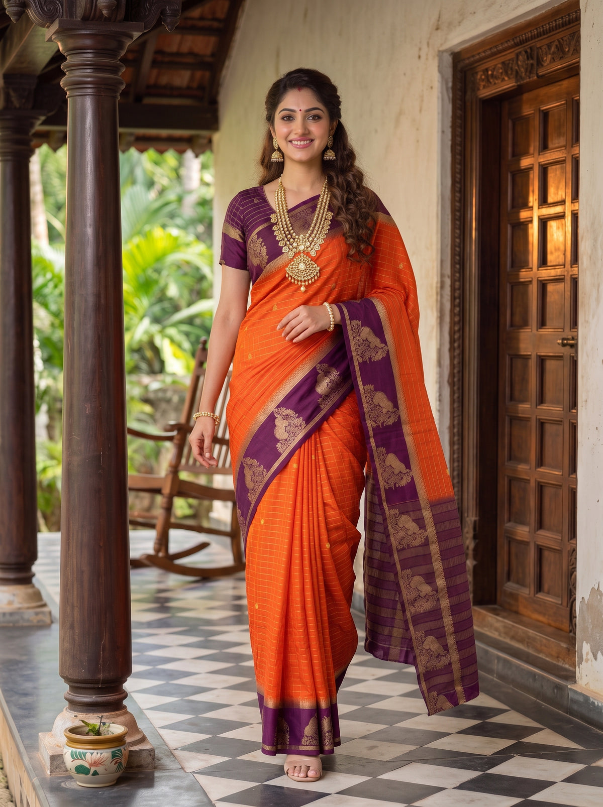 MIMOSA Orange Mysore Silk Crepe Saree — Model showing border and pallu